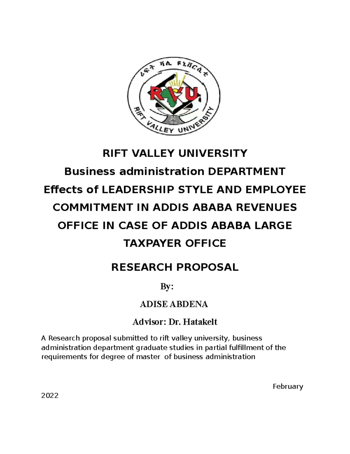Addise Proposal - managment resarch - RIFT VALLEY UNIVERSITY Business ...