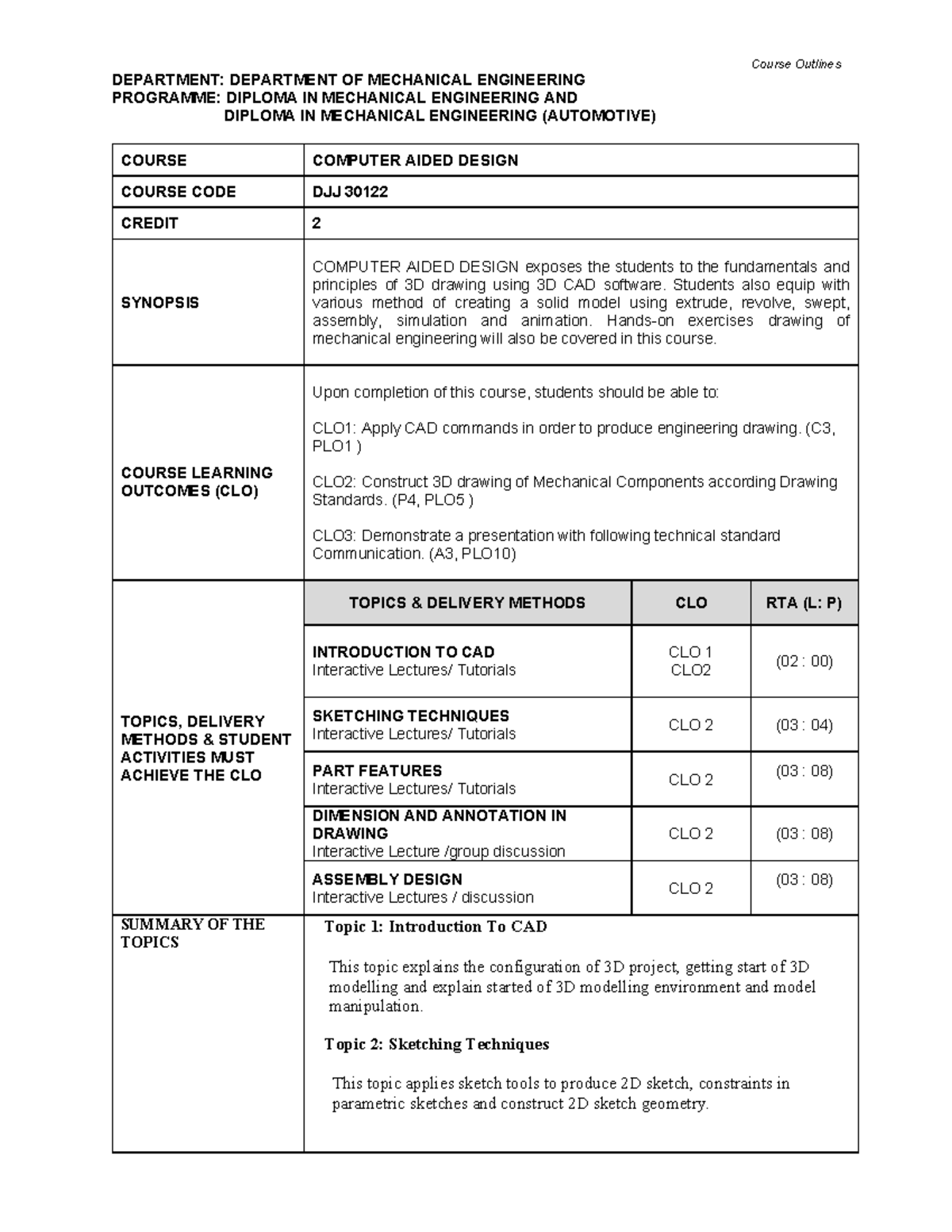 Course outline DJJ30122 - mechanical engineering - Studocu