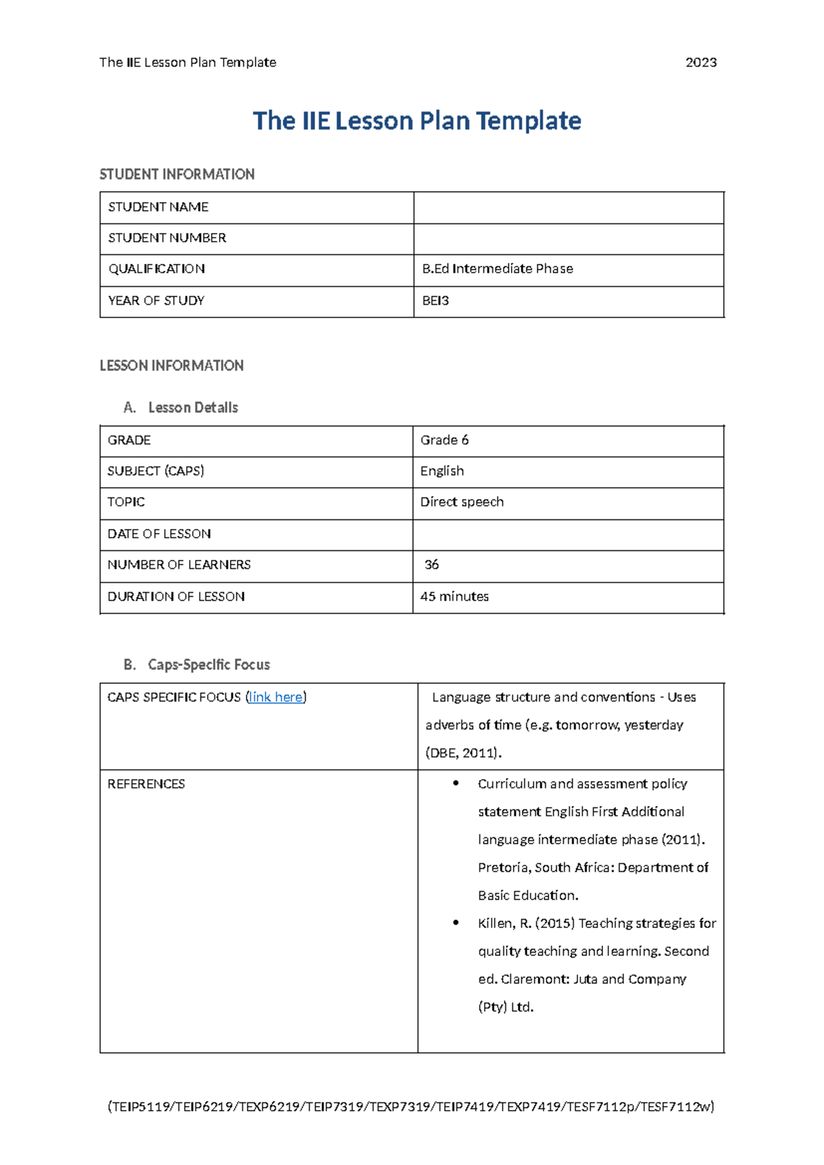 Adverbs lesson plan grade 6 - The IIE Lesson Plan Template STUDENT ...