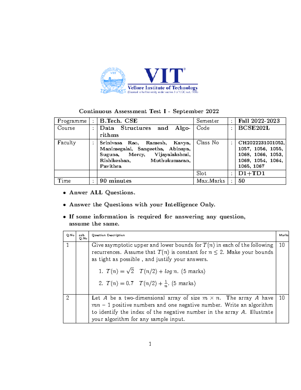 CAT1-D1 - CAT1-D1 - Continuous Assessment Test I - September 2022 ...