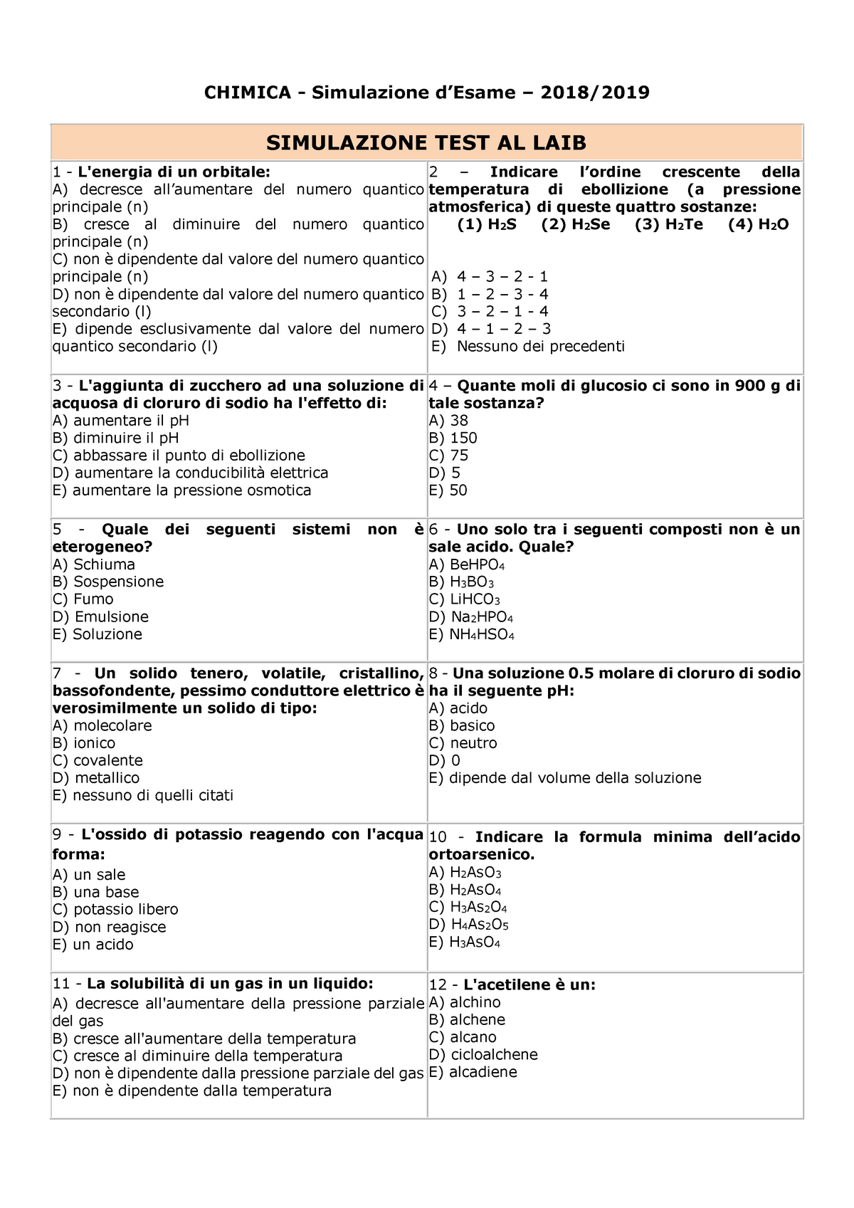 Esempio/prova D'esame 2019, Risposte - CHIMICA - Simulazione D’Esame – 2018/ SIMULAZIONE TEST AL ...