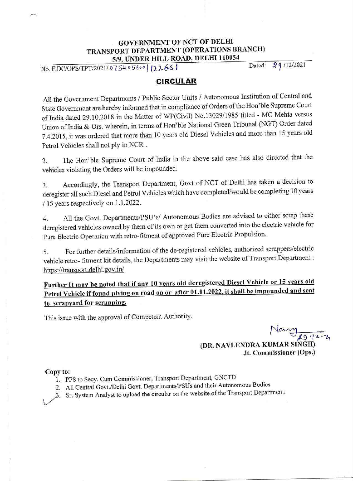 Circular 10 Years old Diesel Vehicles and more then 15 Yearold Petrol ...