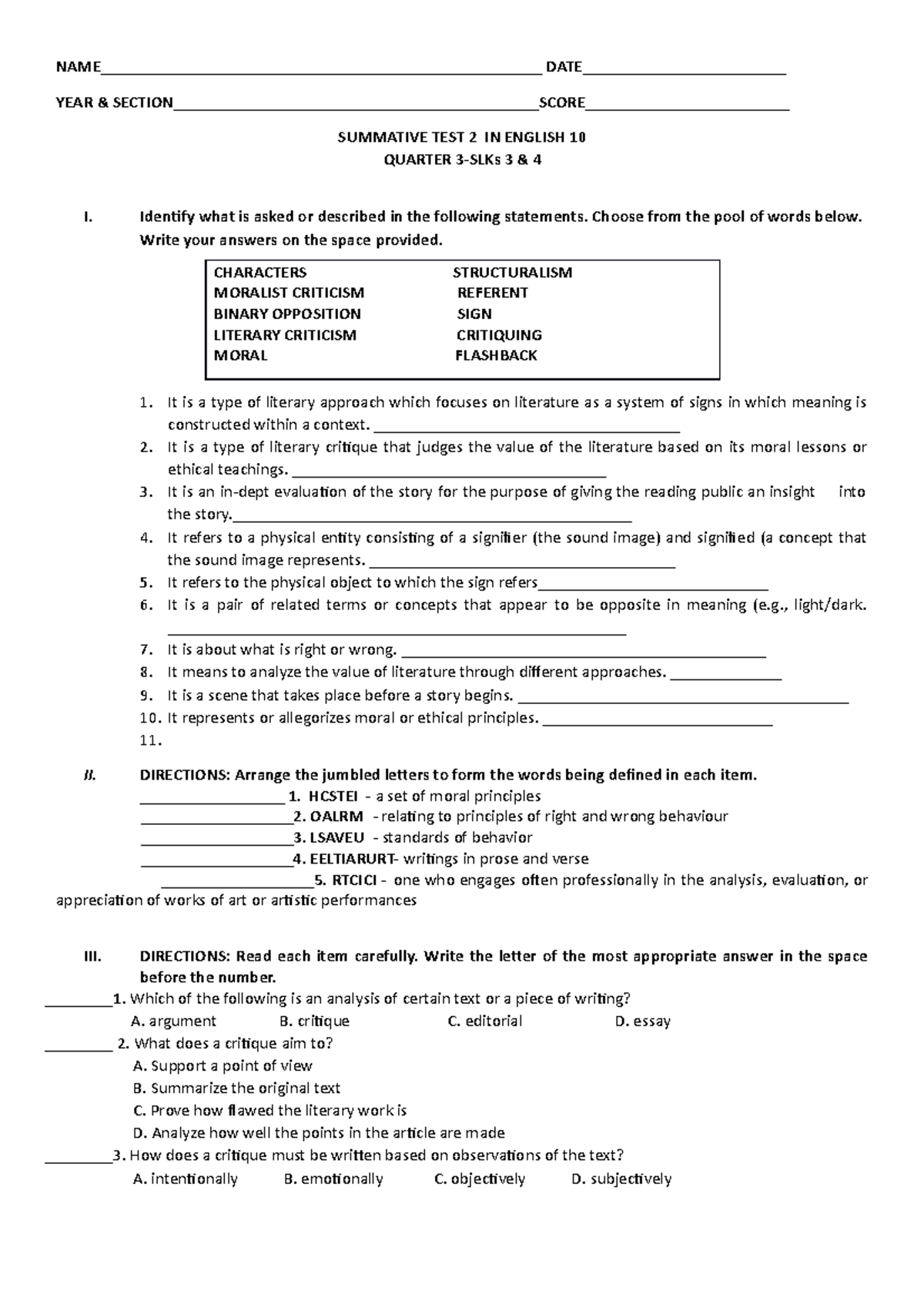 Summative Test In Eglish 10 Slks 3 4 - Name