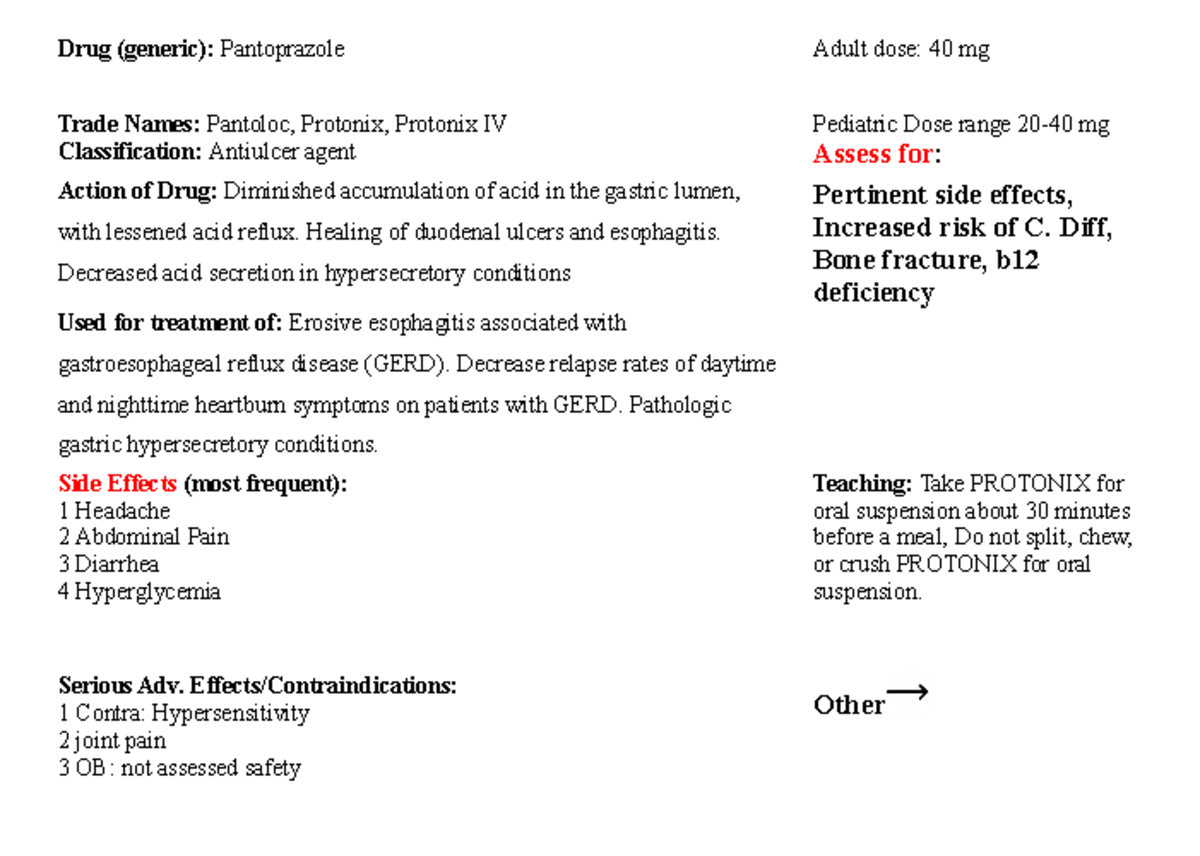 Medication card Protonix Pantoprazole NUR 107201 Drug (generic