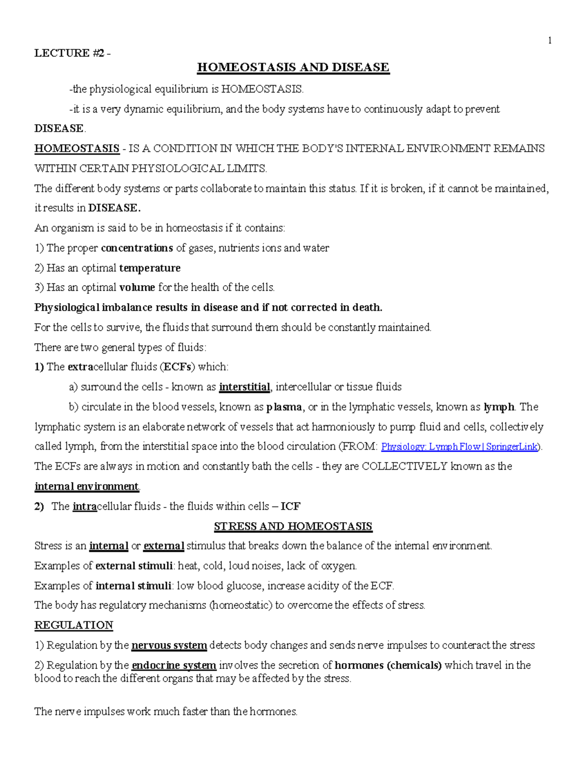 2f21 - Lecture 2 Notes - LECTURE #2 - HOMEOSTASIS AND DISEASE -the ...