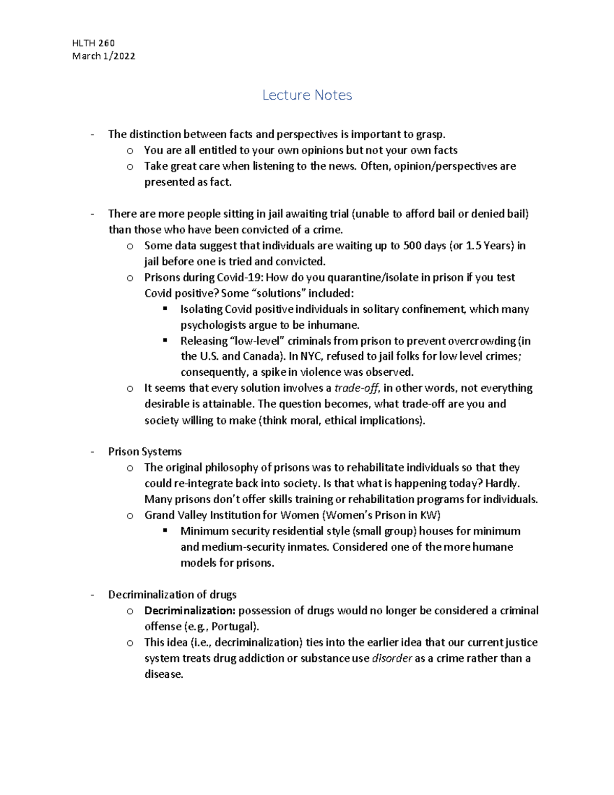 HLTH 260 March 3 Lecture Notes TS GREAT NOTES - HLTH 260 March 1 ...