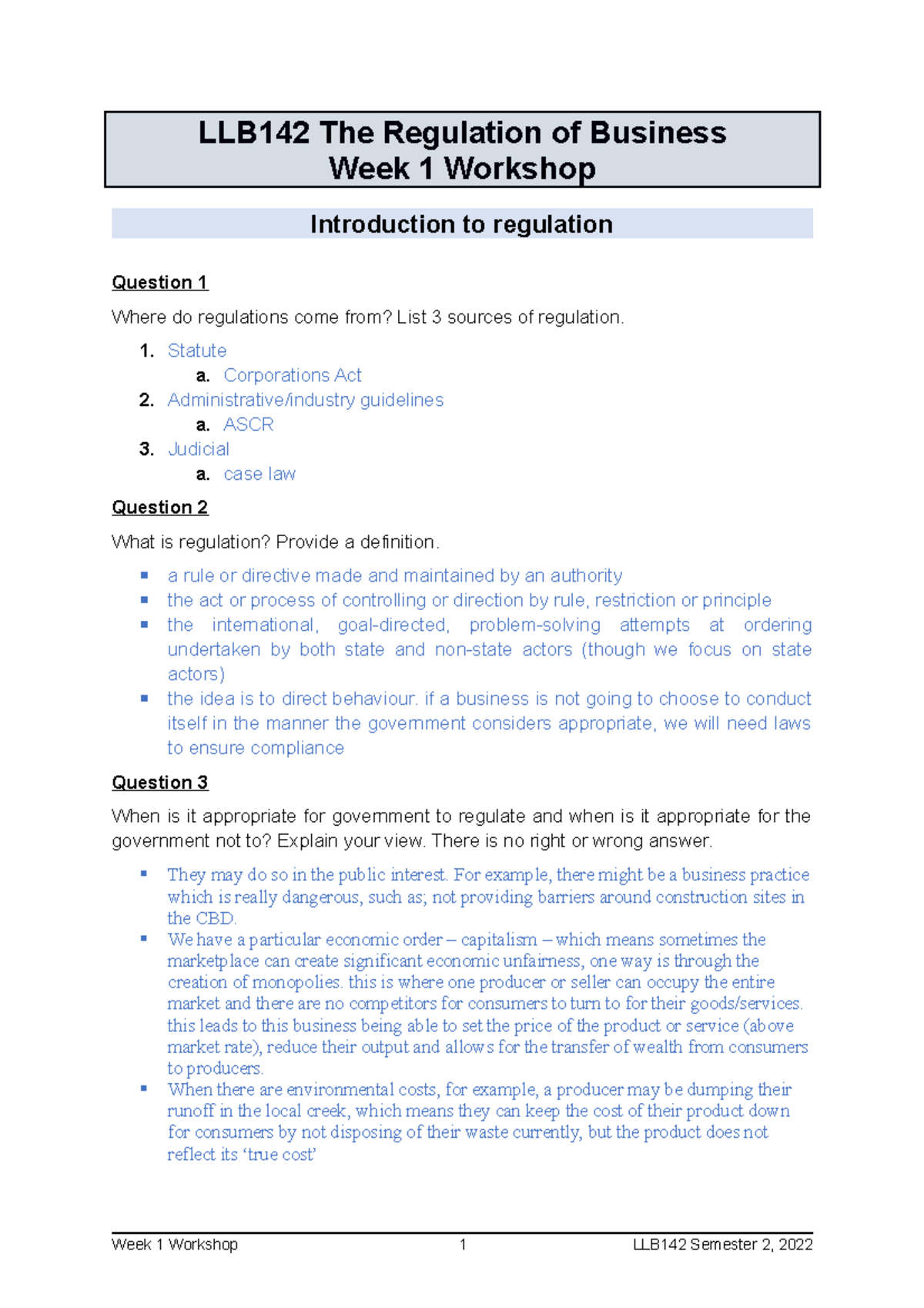 LLB142 Workshop Notes - LLB142 The Regulation of Business Week 1 ...