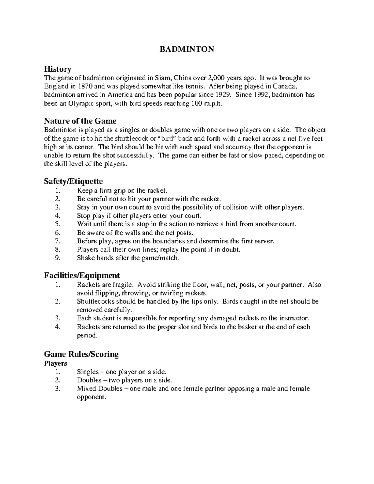 PE Assignment none BADMINTON History The game of badminton