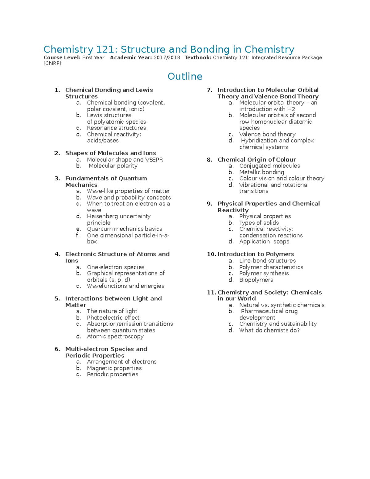 Chemistry 121 Textbook TOC - CHEM 121 - UBC - Studocu