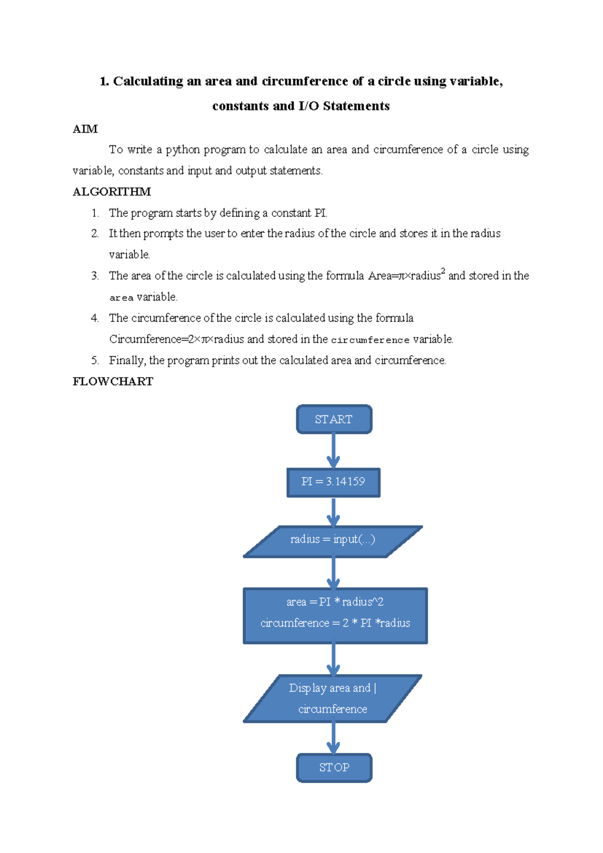 Python Lab Manual - 1. Calculating an area and circumference of a ...