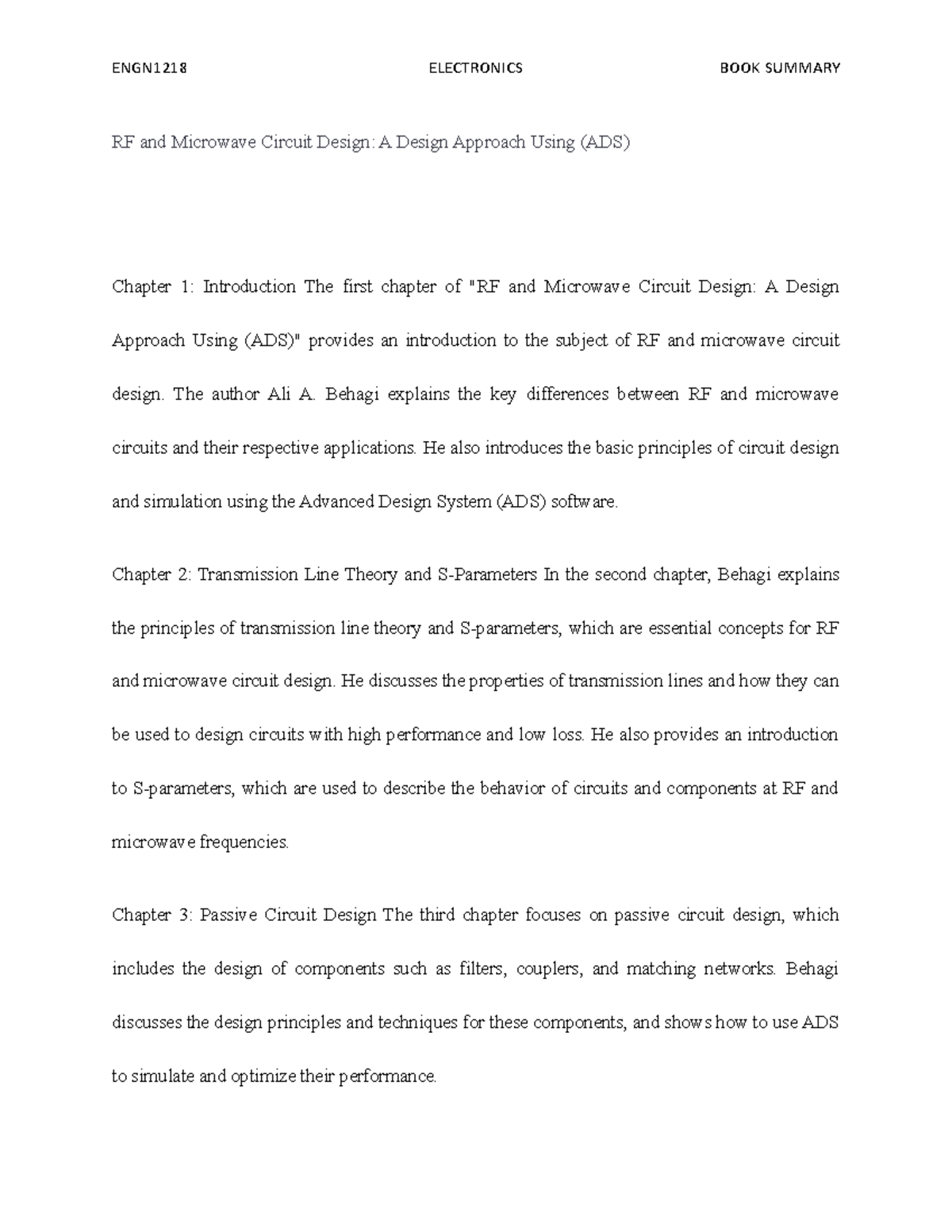 Detailed book summary of RF and Microwave Circuit Design A Design Approach Using ADS RF and