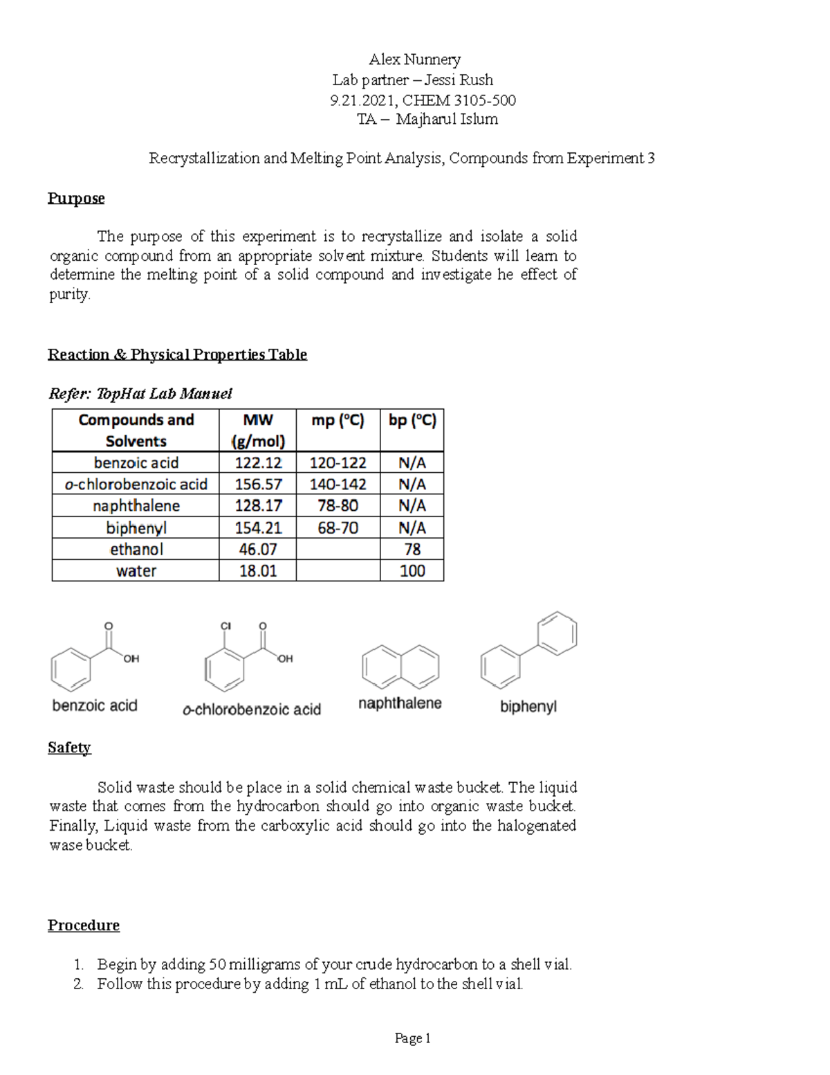 OChem 3105 Exp 3 Lab - Alex Nunnery Lab partner – Jessi Rush 9.21, CHEM ...