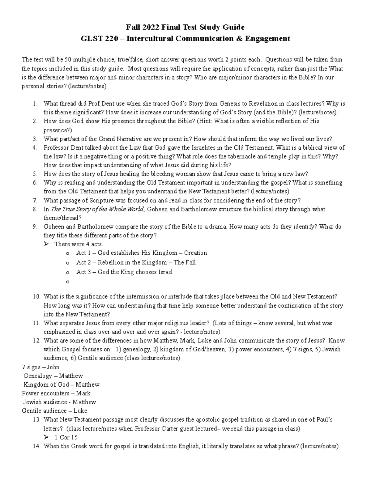 GLST 220 Study Guide - Fall 2022 Final Test Study Guide GLST 220 ...