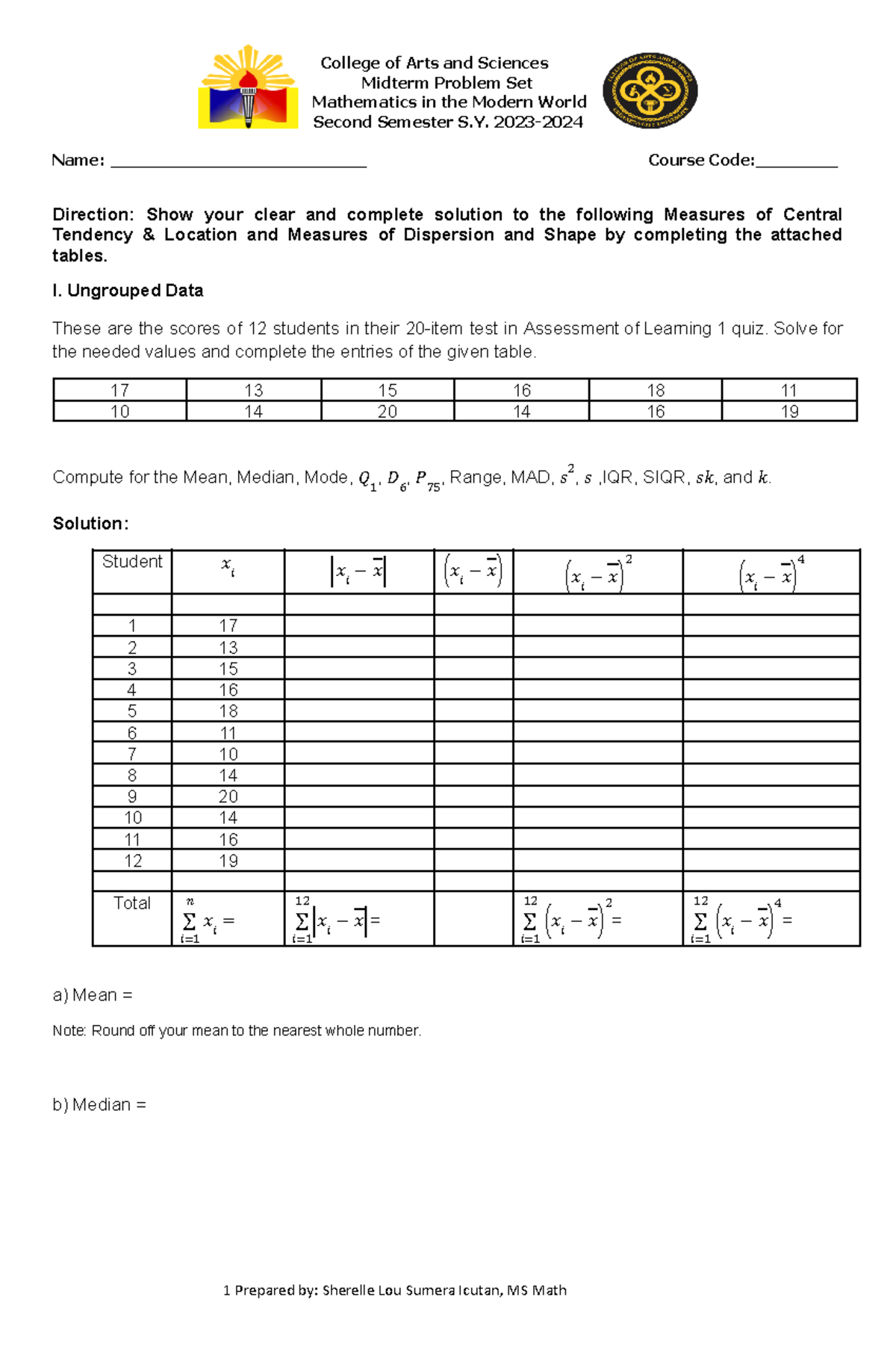 MMW Problem SET - MMW - Midterm Problem Set Mathematics in the Modern ...