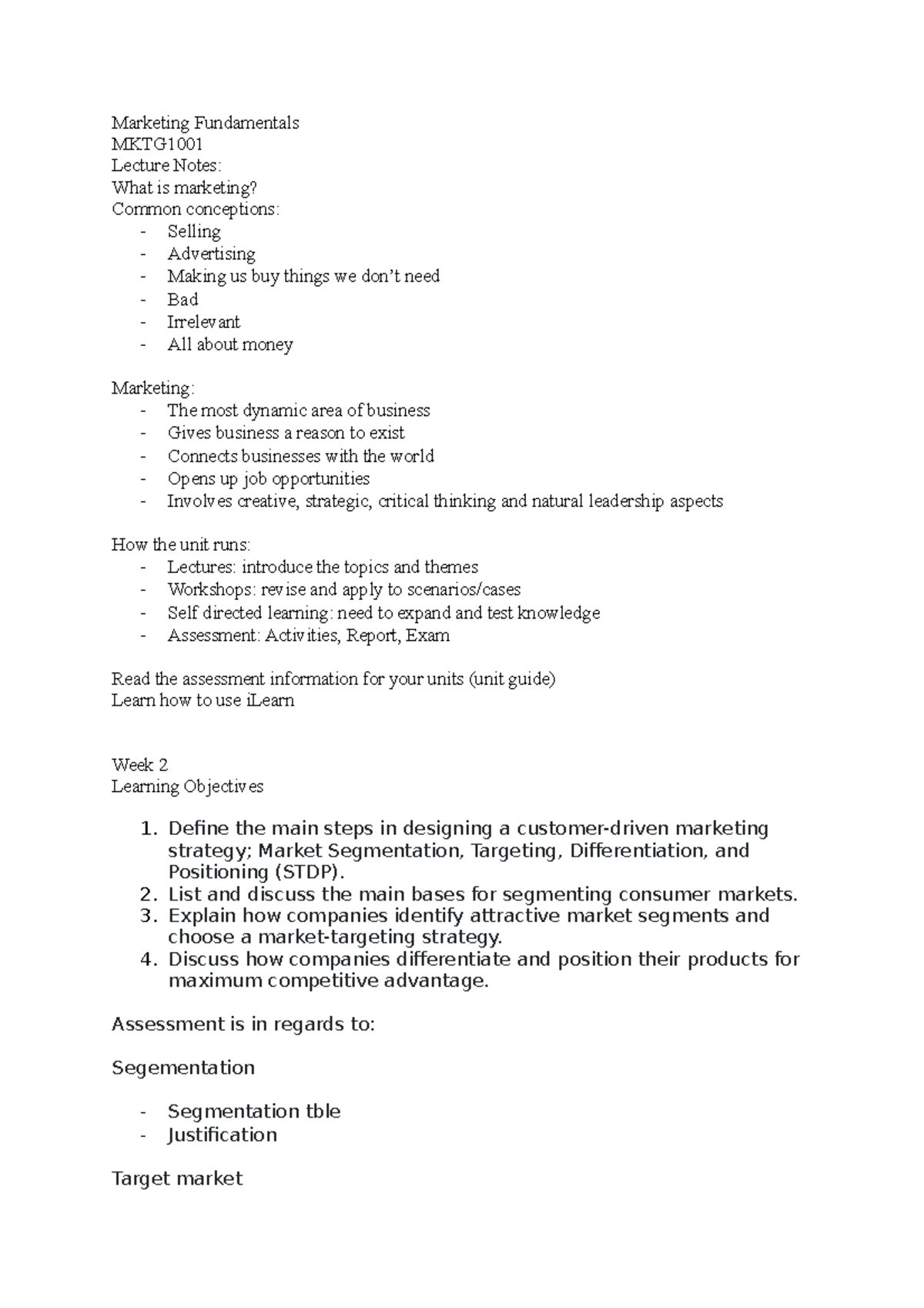 Marketing Fundamentals - Marketing Fundamentals MKTG Lecture Notes ...