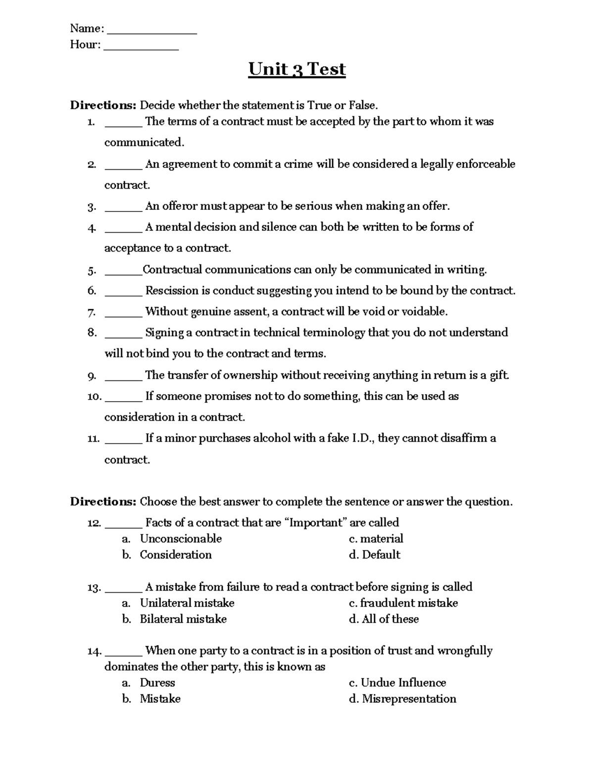 Contractlaw Test-1 - Test - Hour: __________ Unit 3 Test Directions ...