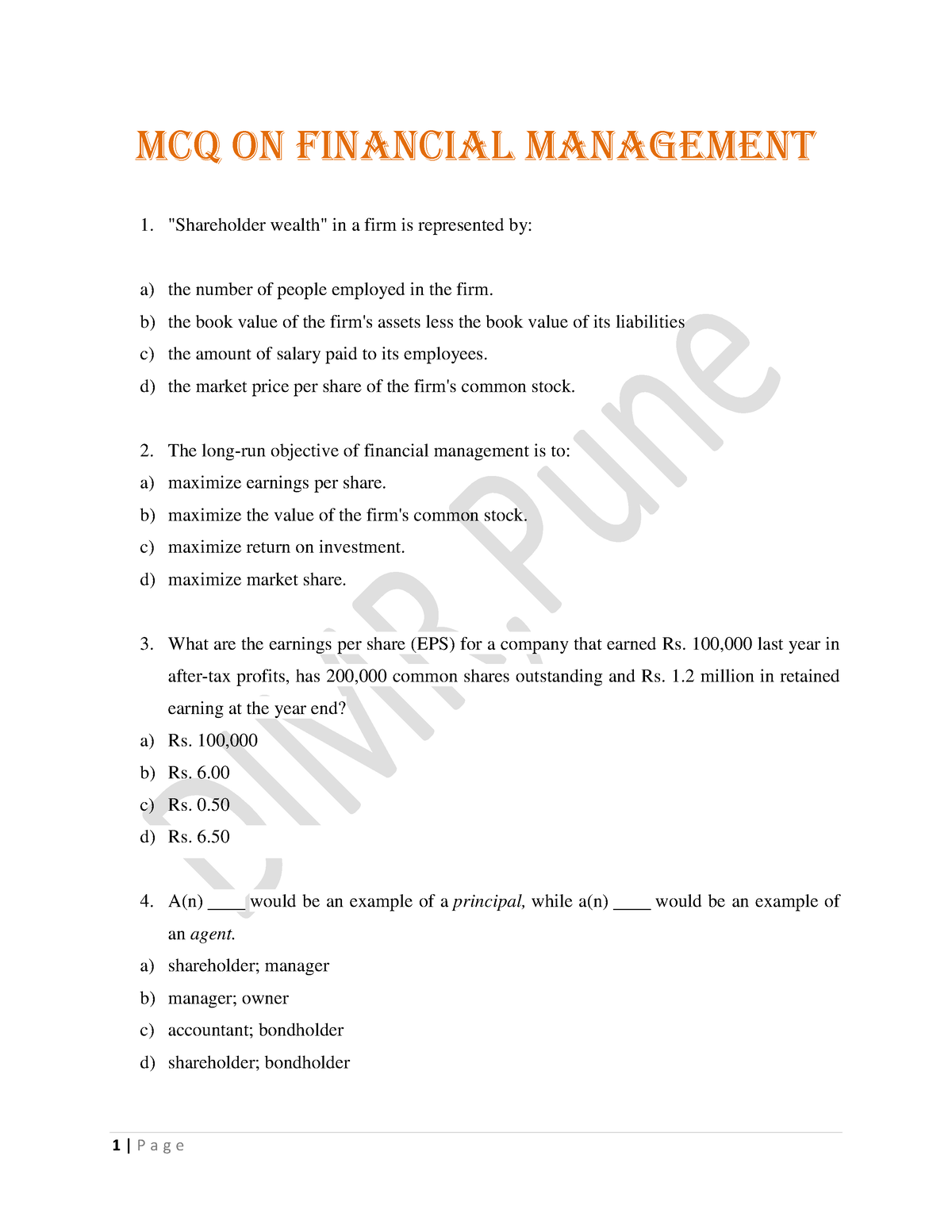 MCQ On FINANCIAL Management Practice Questions - MCQ On Financial ...