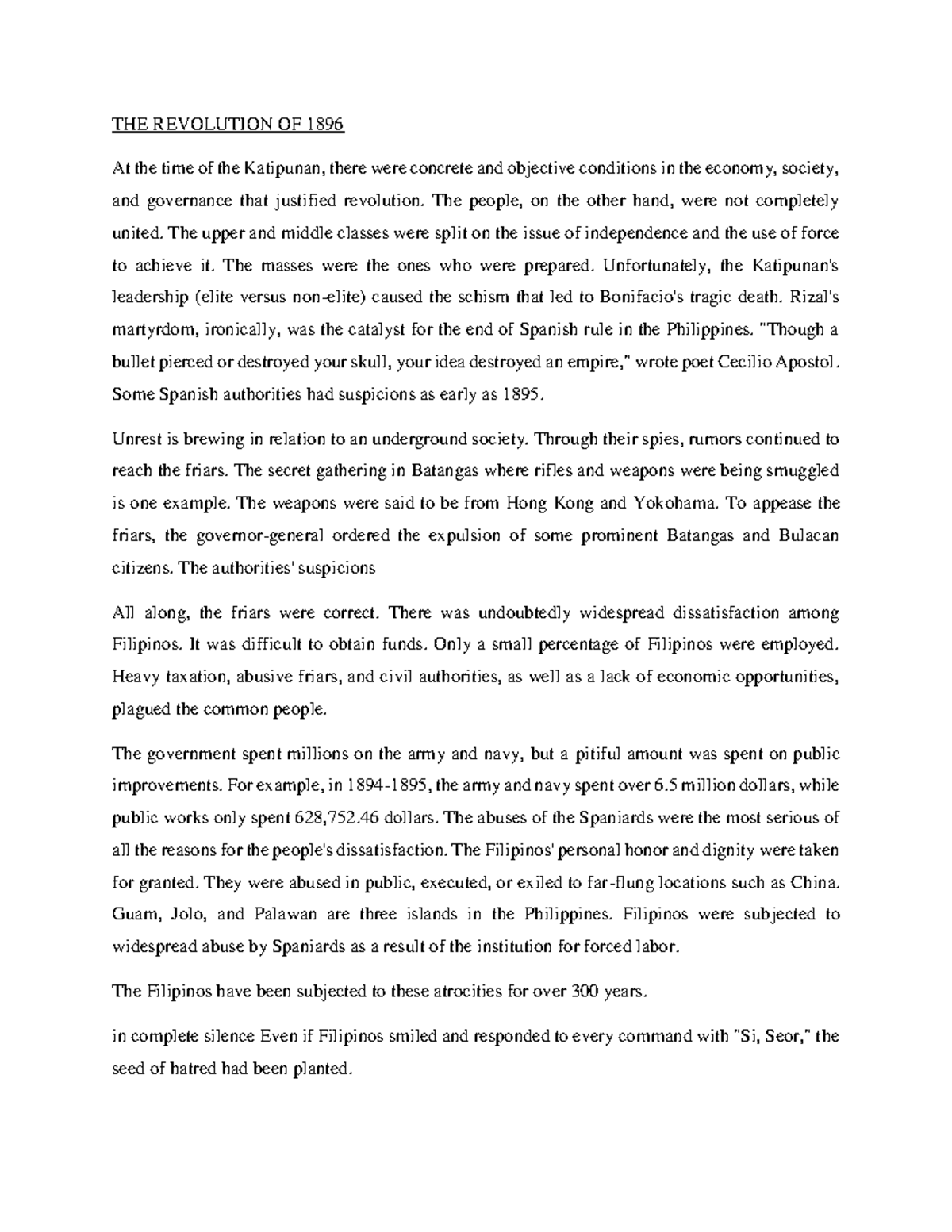 THE Revolution OF 1896 - Grade: A - Readings in Philippines History ...