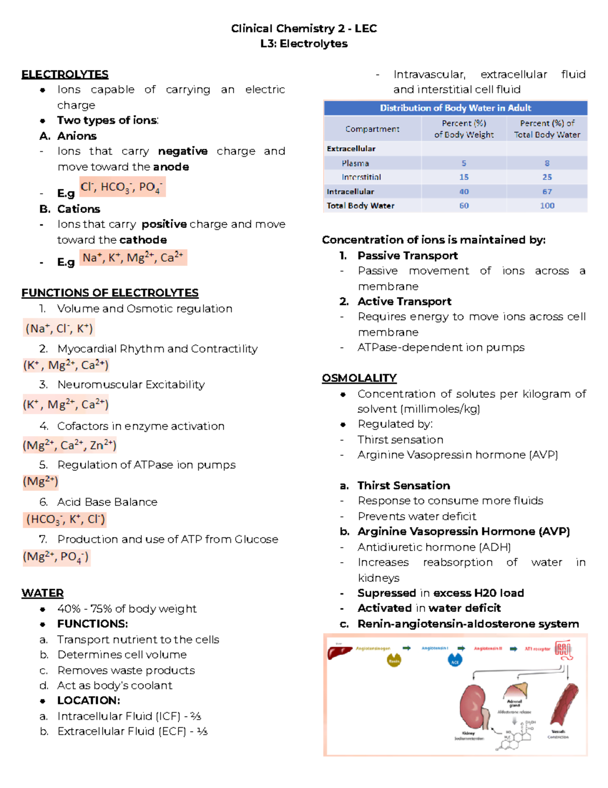 CC2 LEC L3 Electrolytes - Clinical Chemistry 2 - LEC L3: Electrolytes ...