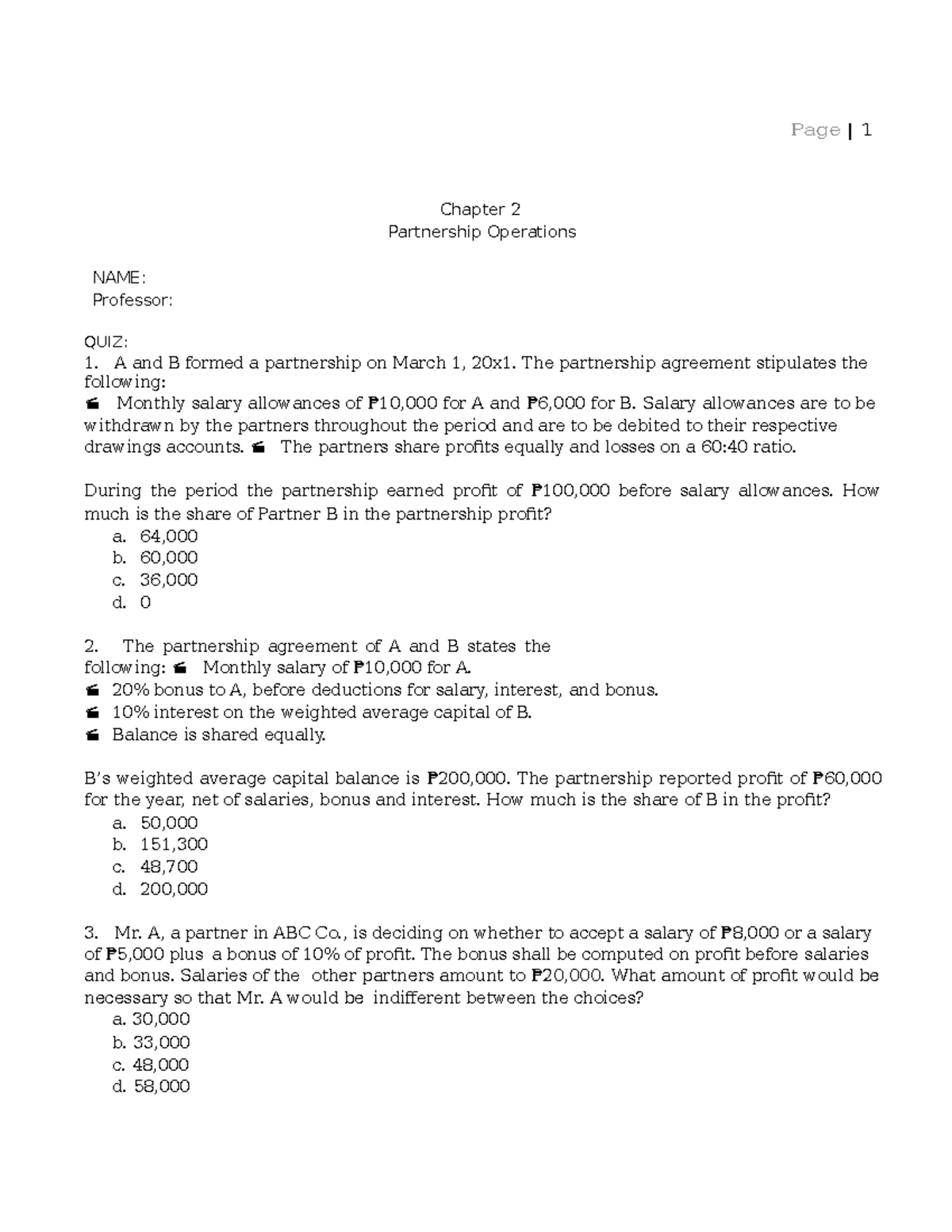 Chapter 2. QUIZ #2 ( Partnership Operations) - Page | 1 Chapter 2 ...