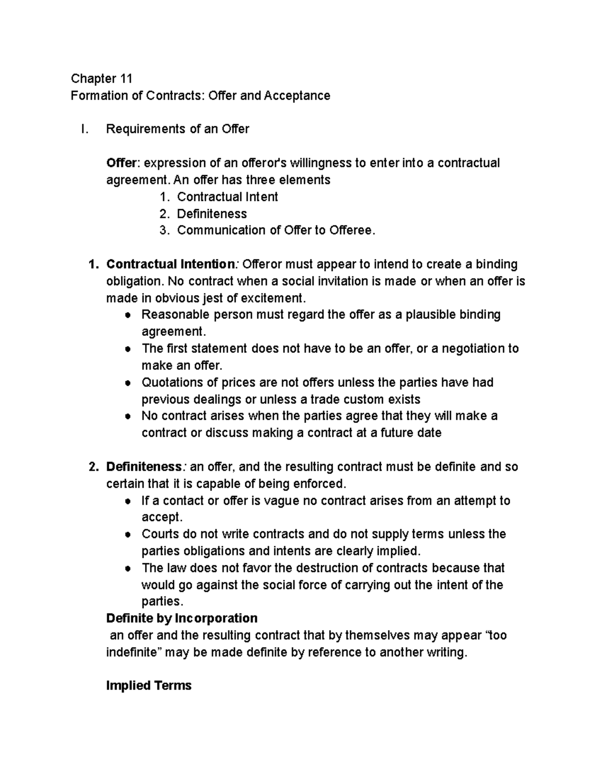 Chapter 12 - Chapter 11 Formation of Contracts: Offer and Acceptance I ...