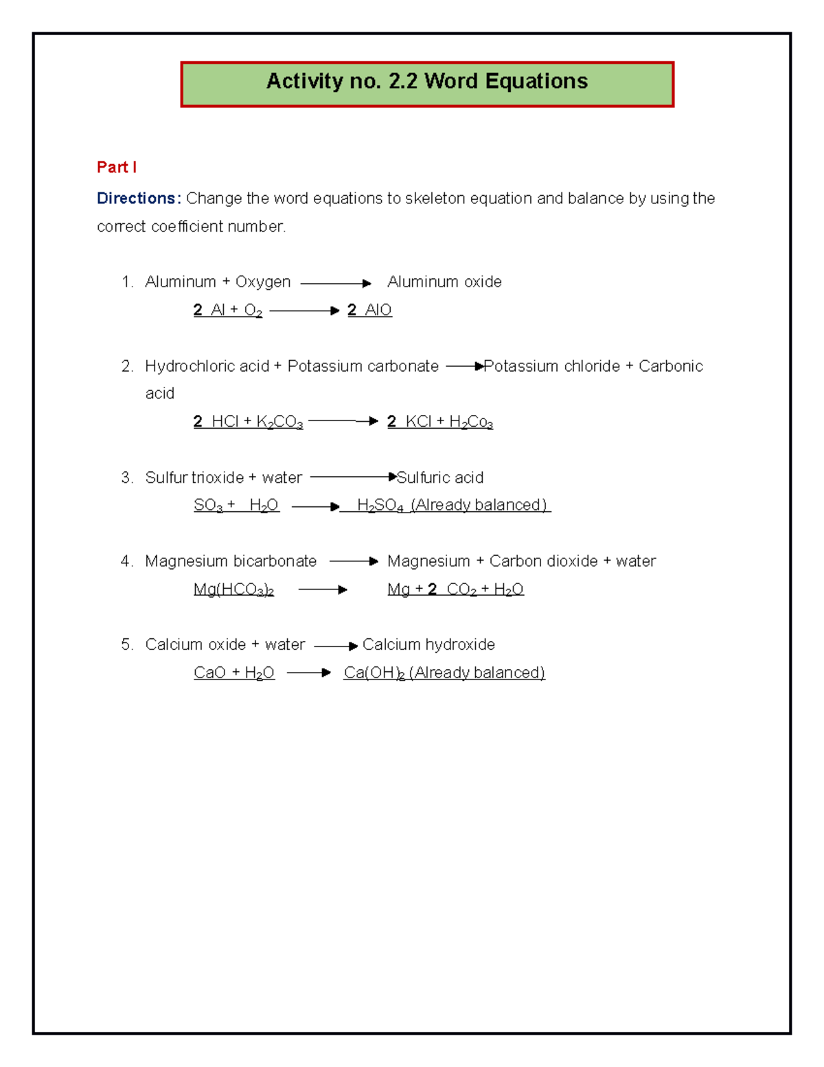 Activity. no. 2.2 Word Equations - Part I Directions: Change the word ...