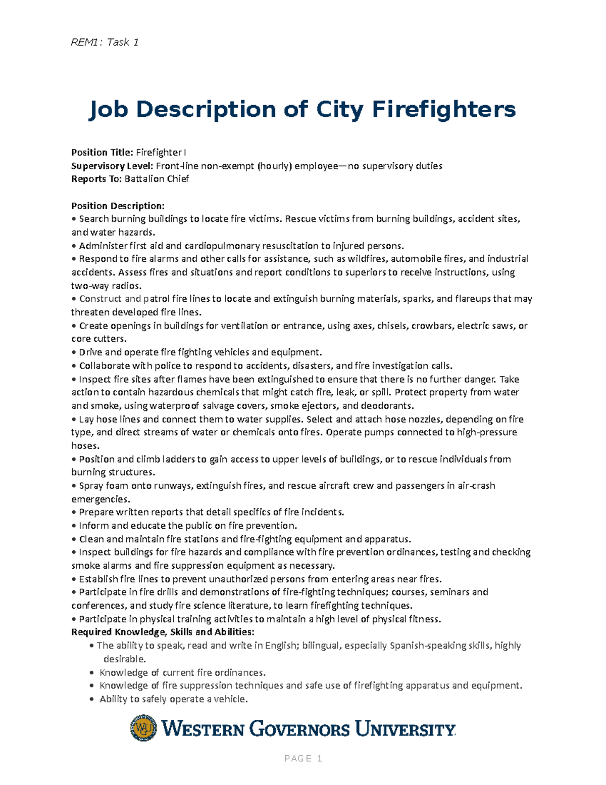 Job Description of Firefighters REM1 Task 1 Job Description of City