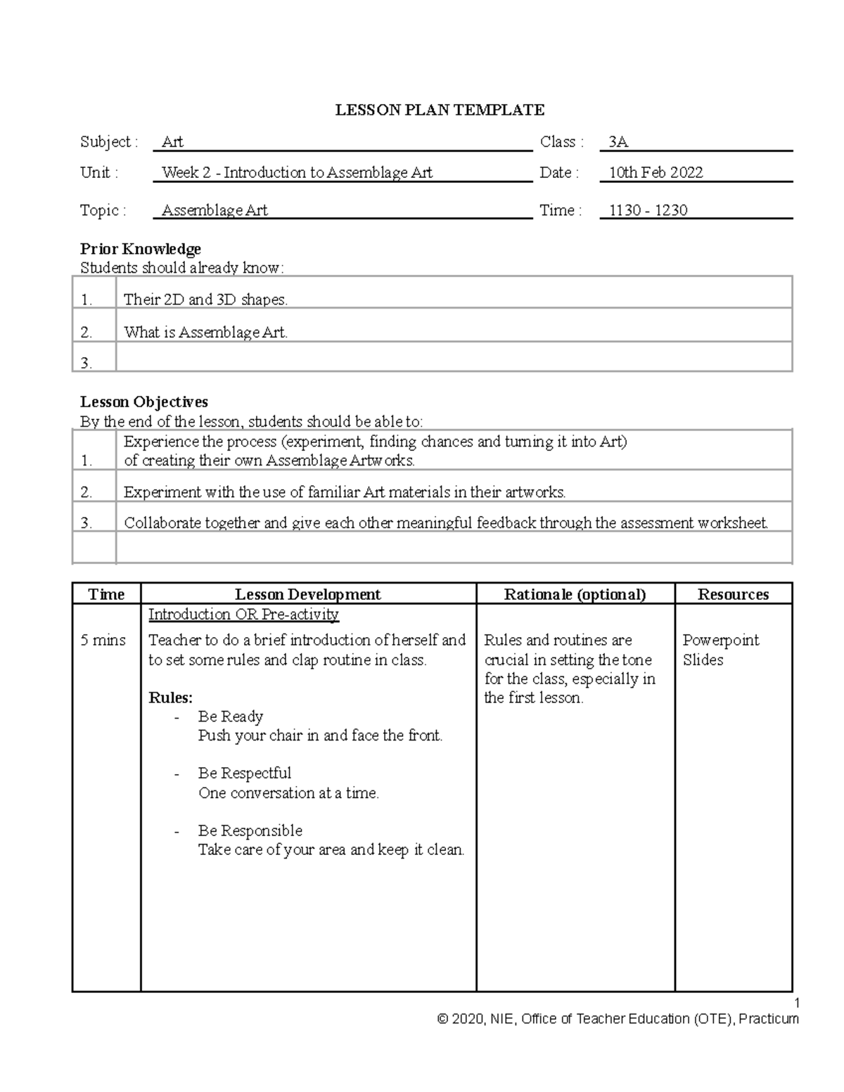 Micro Teaching Lesson Plan - LESSON PLAN TEMPLATE Subject : Art Class ...