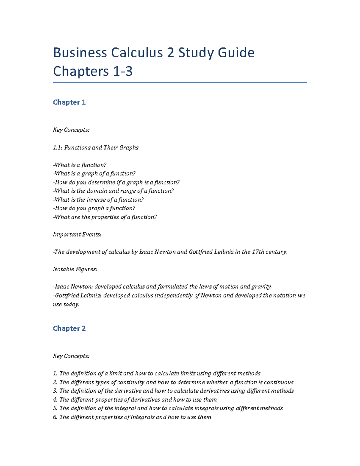 Business Calculus 2 Study Guide Chapters 1-3 - Business Calculus 2 ...