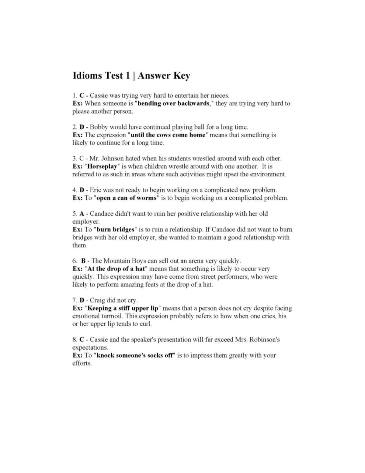 1 KEY - some exercises with their key idioms test reading comprehension ...
