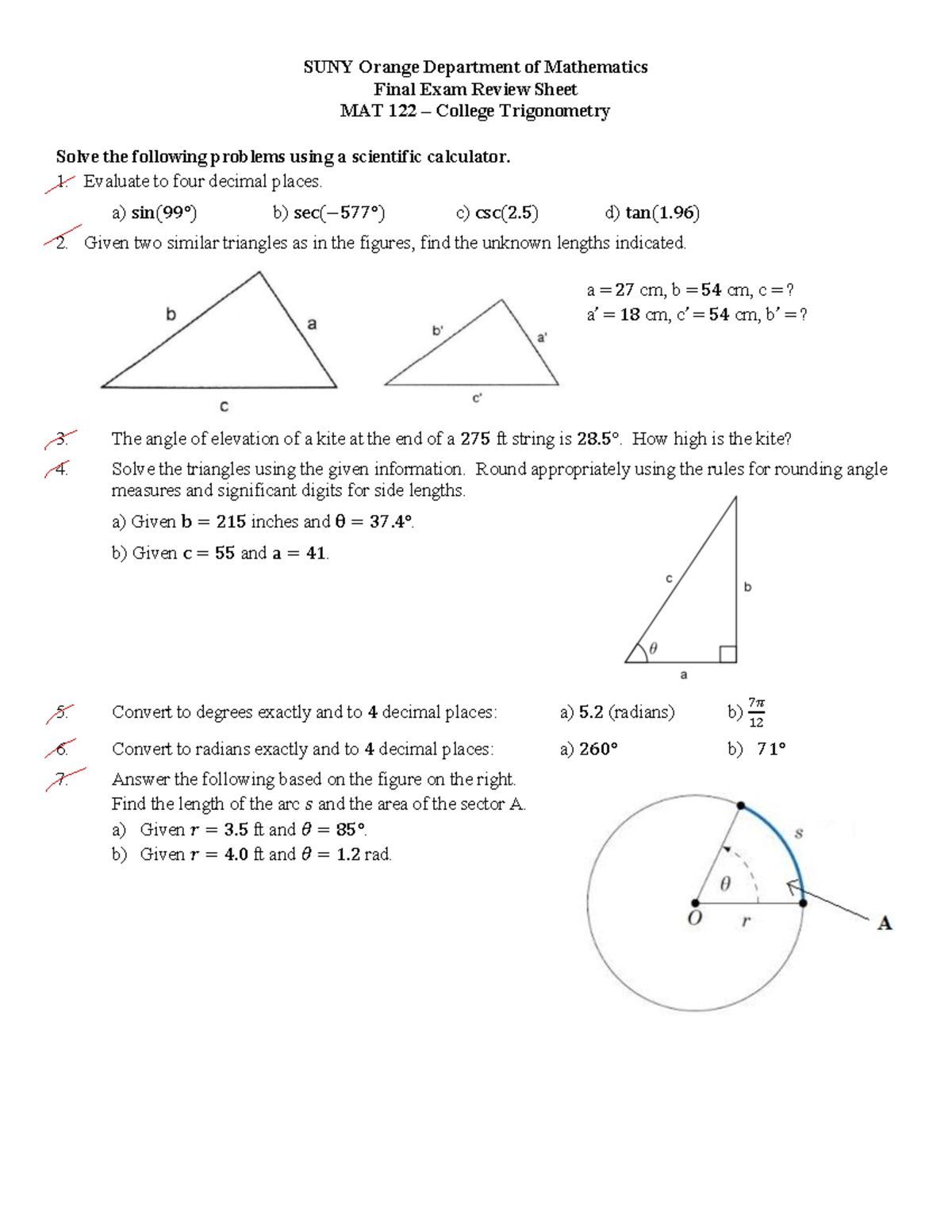 College Trigonometry Final EXAM Review Sheet - SUNY Orange Department ...