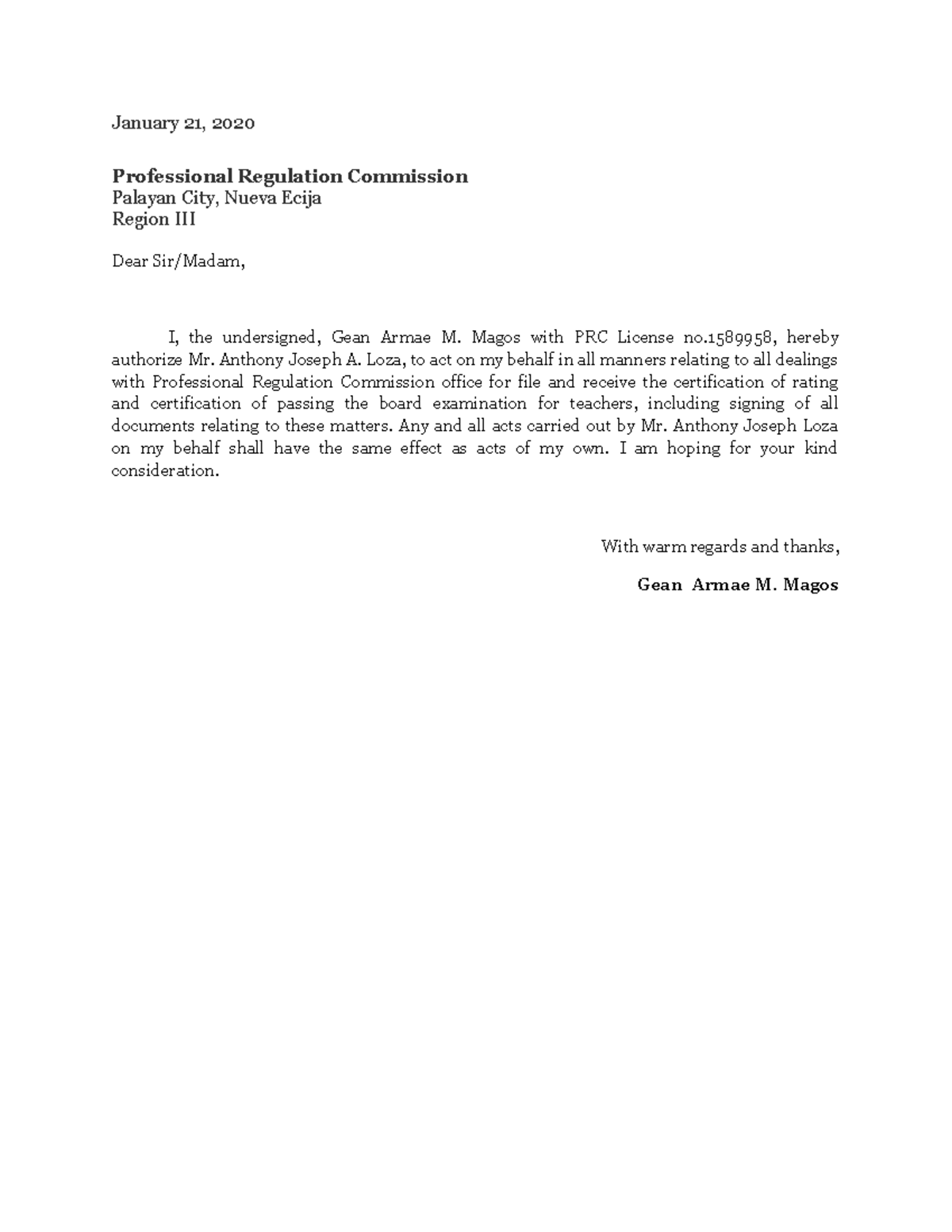 Authorization Letter - January 21, 2020 Professional Regulation ...