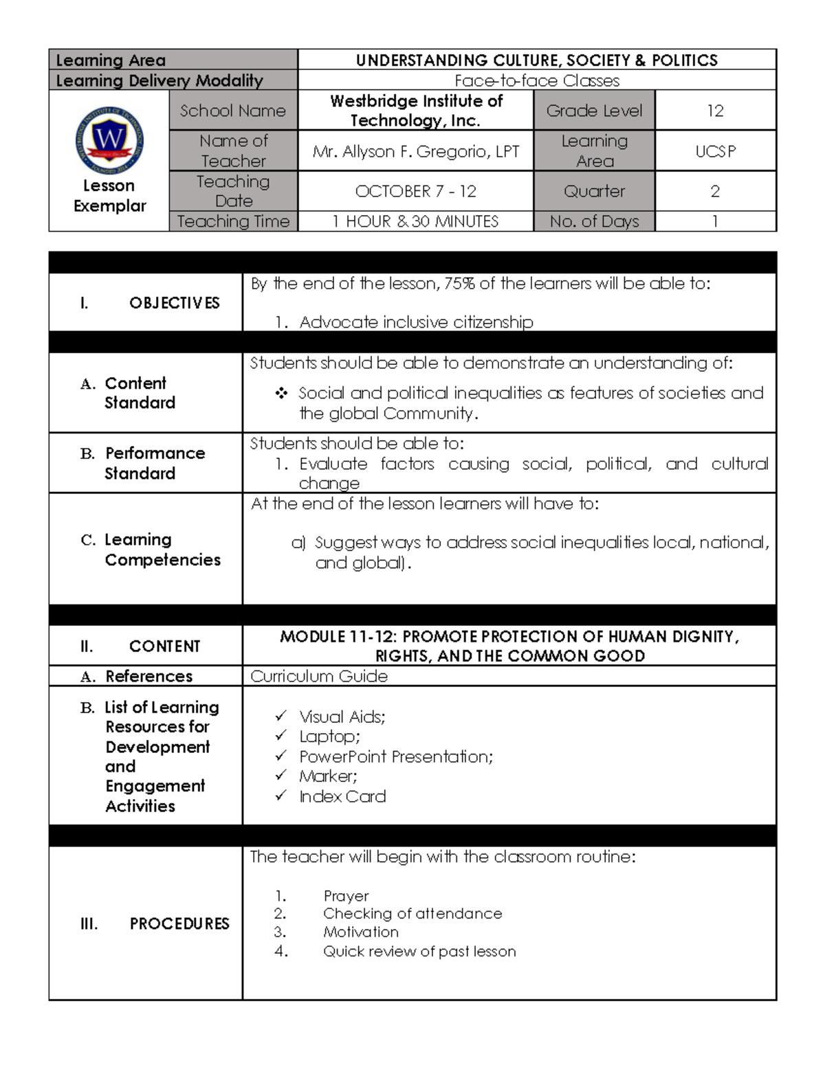 G12 UCSP MR - Ucsp Lesson - Learning Area UNDERSTANDING CULTURE ...