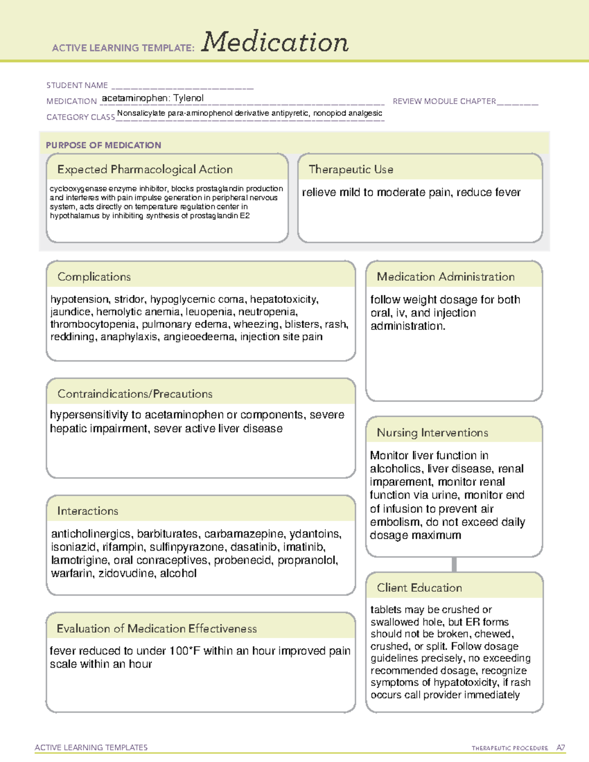 Acetaminophen Med Card ACTIVE LEARNING TEMPLATES TherapeuTic