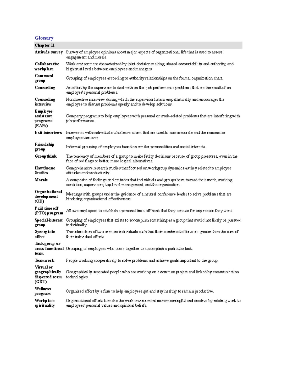 Chapter 11 Glossary - Supervision - Glossary Chapter 11 Attitude Survey 