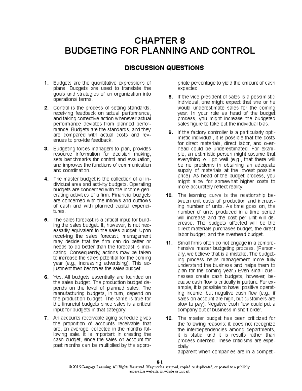 Chapter 8 - Cornerstones - CHAPTER 8 BUDGETING FOR PLANNING AND CONTROL ...