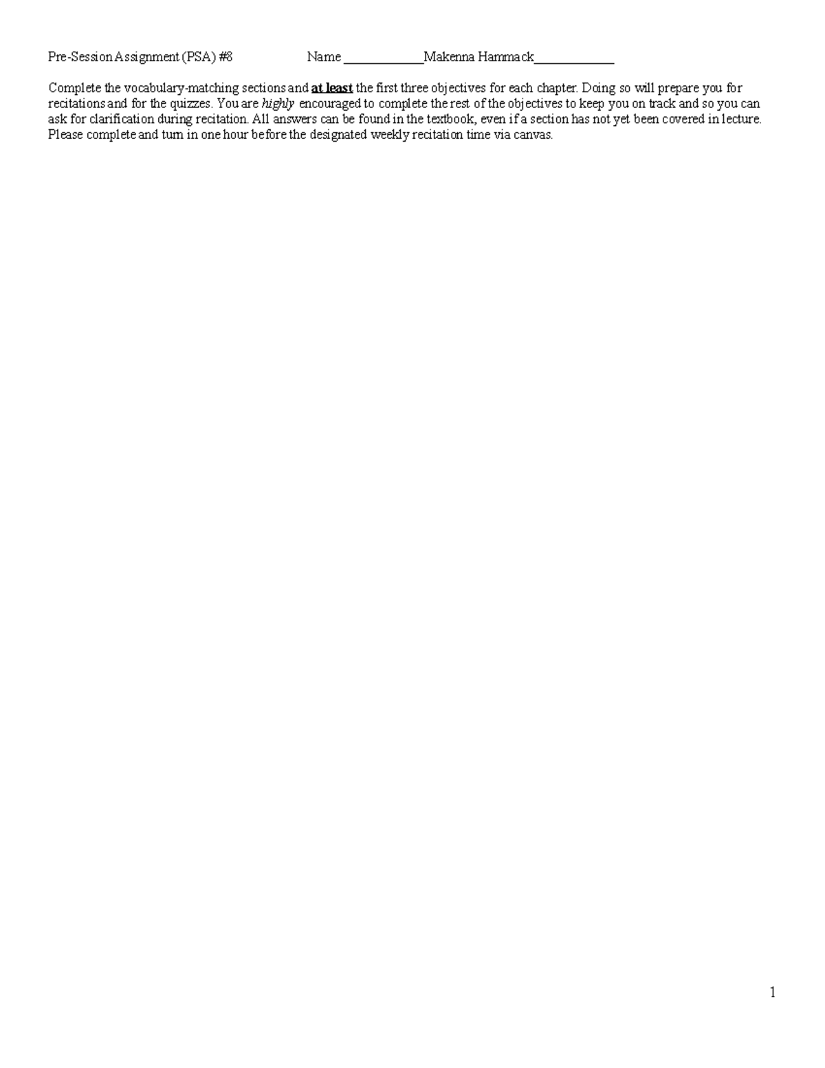 PSA 8 Bio K103 PSA 8 PreSession Assignment (PSA) 8 Name Makenna