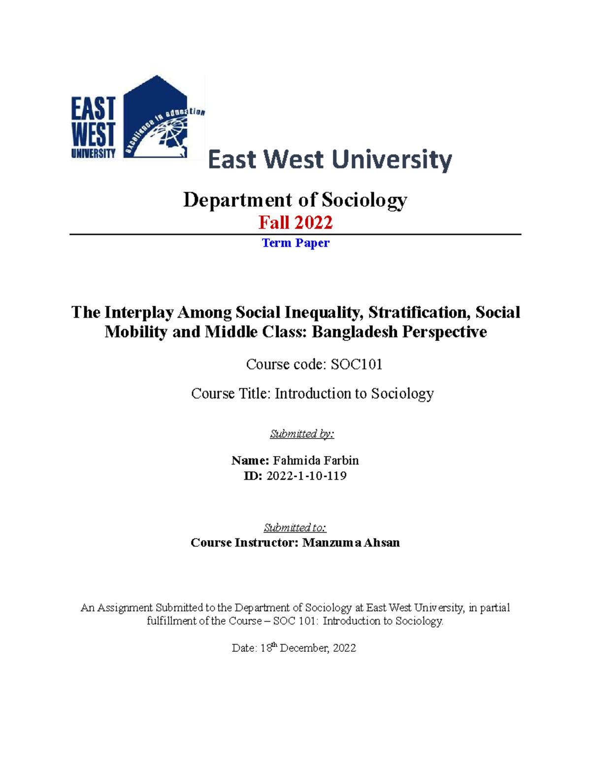 East West University - nothing - East West University Department of ...