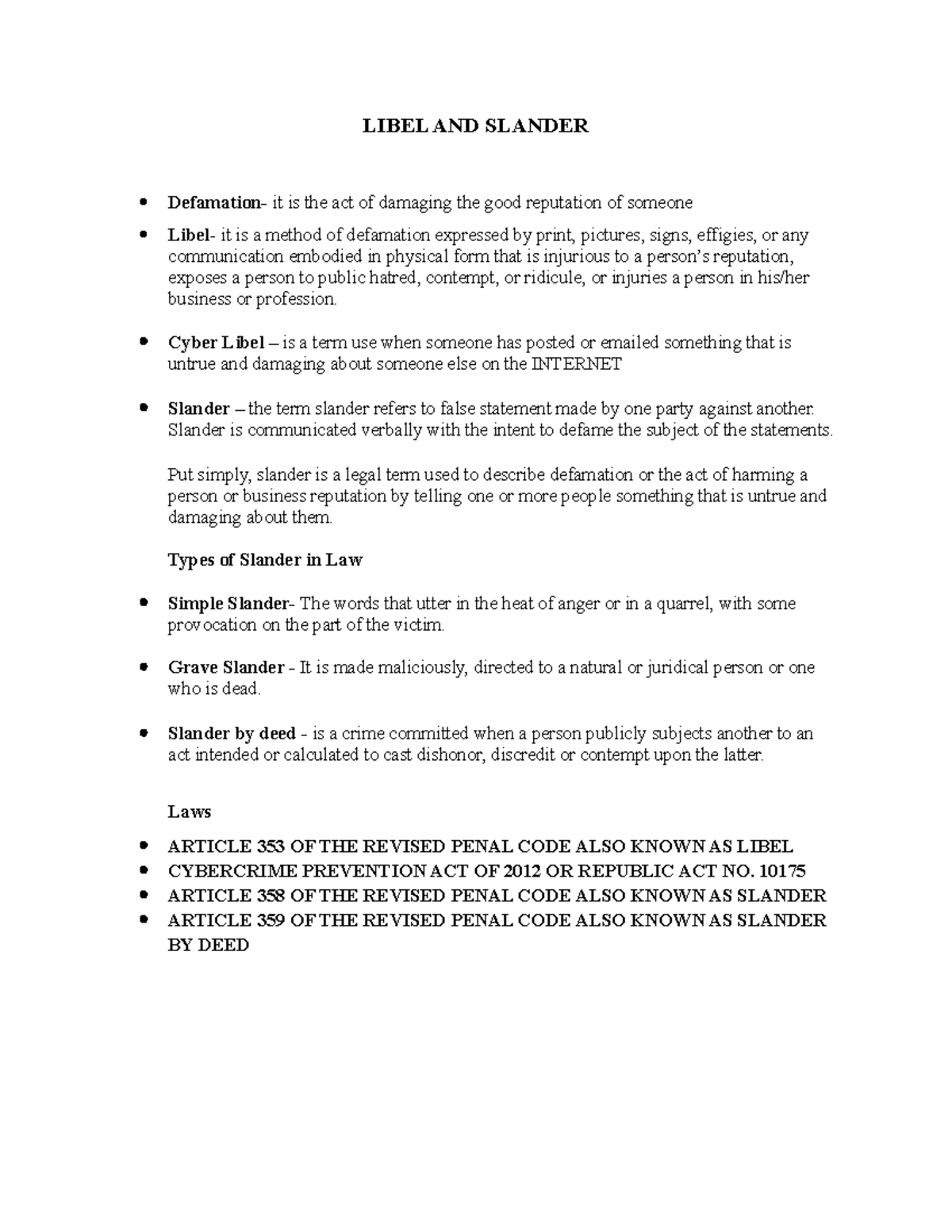 Libel AND Slander - LIBEL AND SLANDER Defamation- it is the act of ...