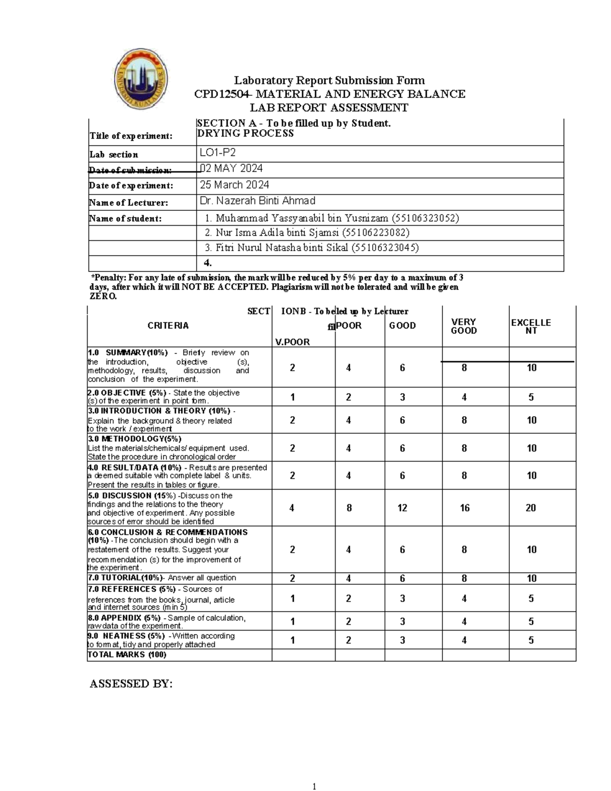 Draft drying final - Laboratory Report Submission Form CPD12504 ...
