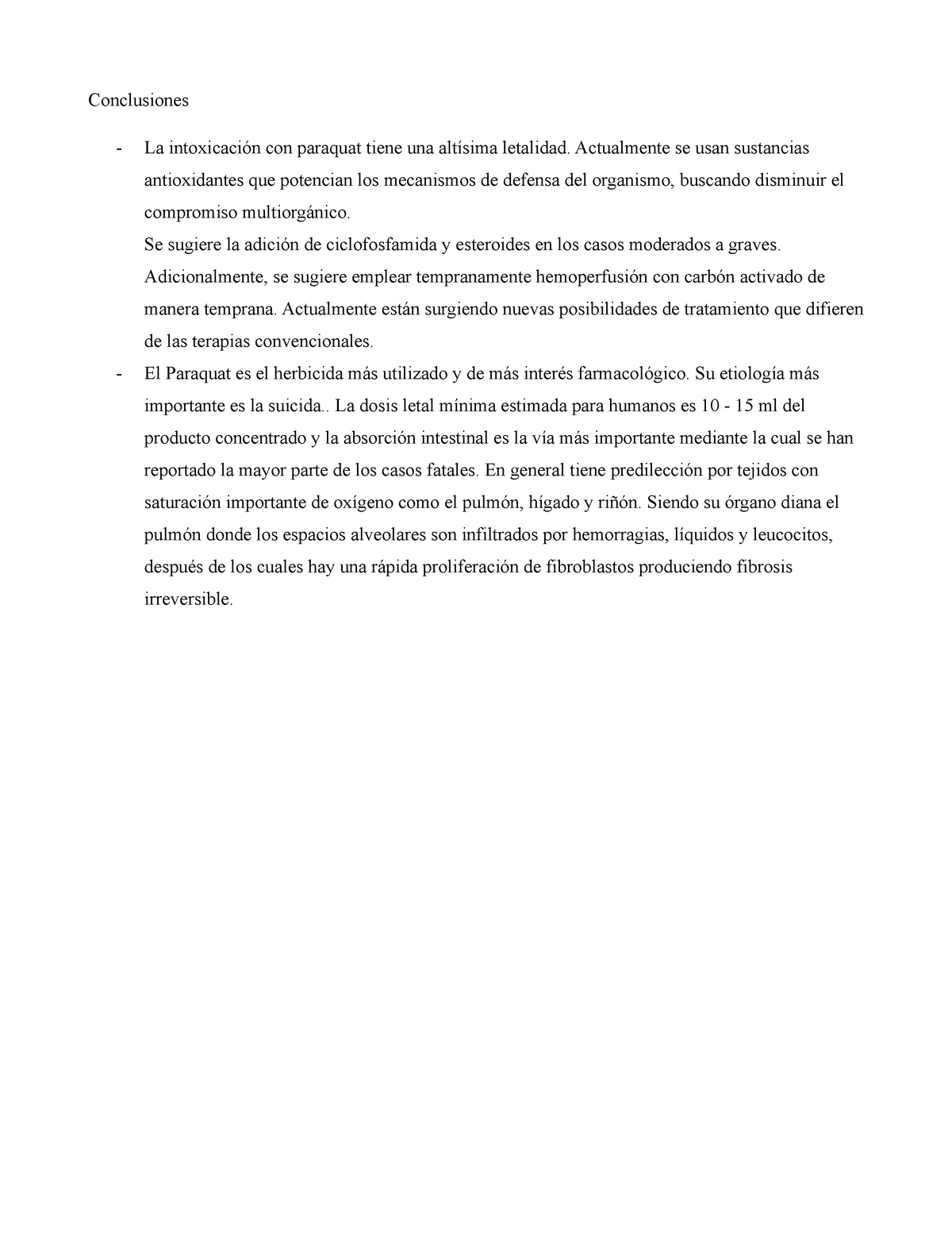 Toxicologia - Conclusiones La intoxicación con paraquat tiene una ...