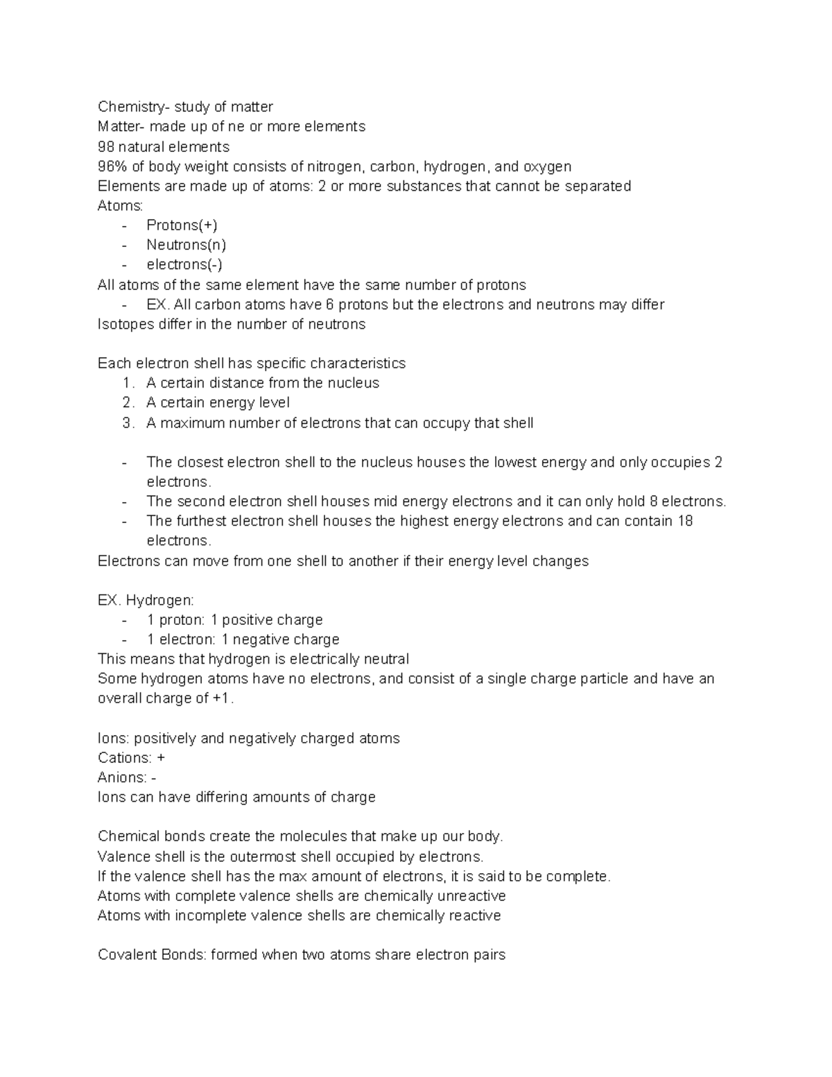 Lecture 1 Biology - Chemistry- study of matter Matter- made up of ne or ...