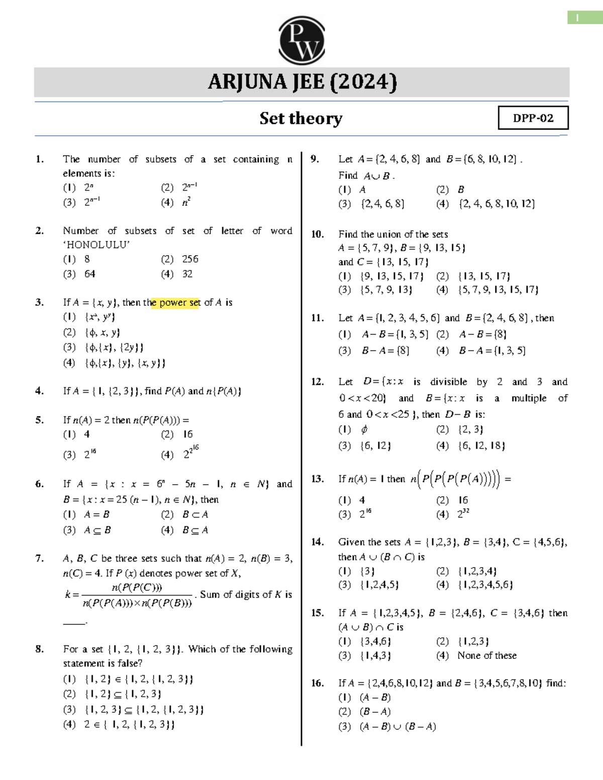 Set Theory DPP 02 Arjuna JEE 2024 - 1 ARJUNA JEE (2024) Set theory The ...