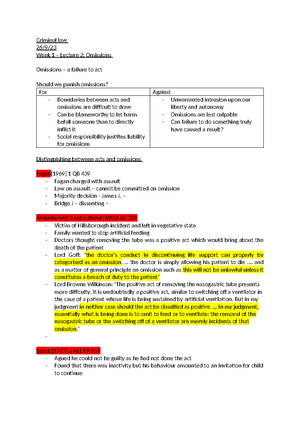 Criminal law- Week 1 – Lecture 2 Omissions