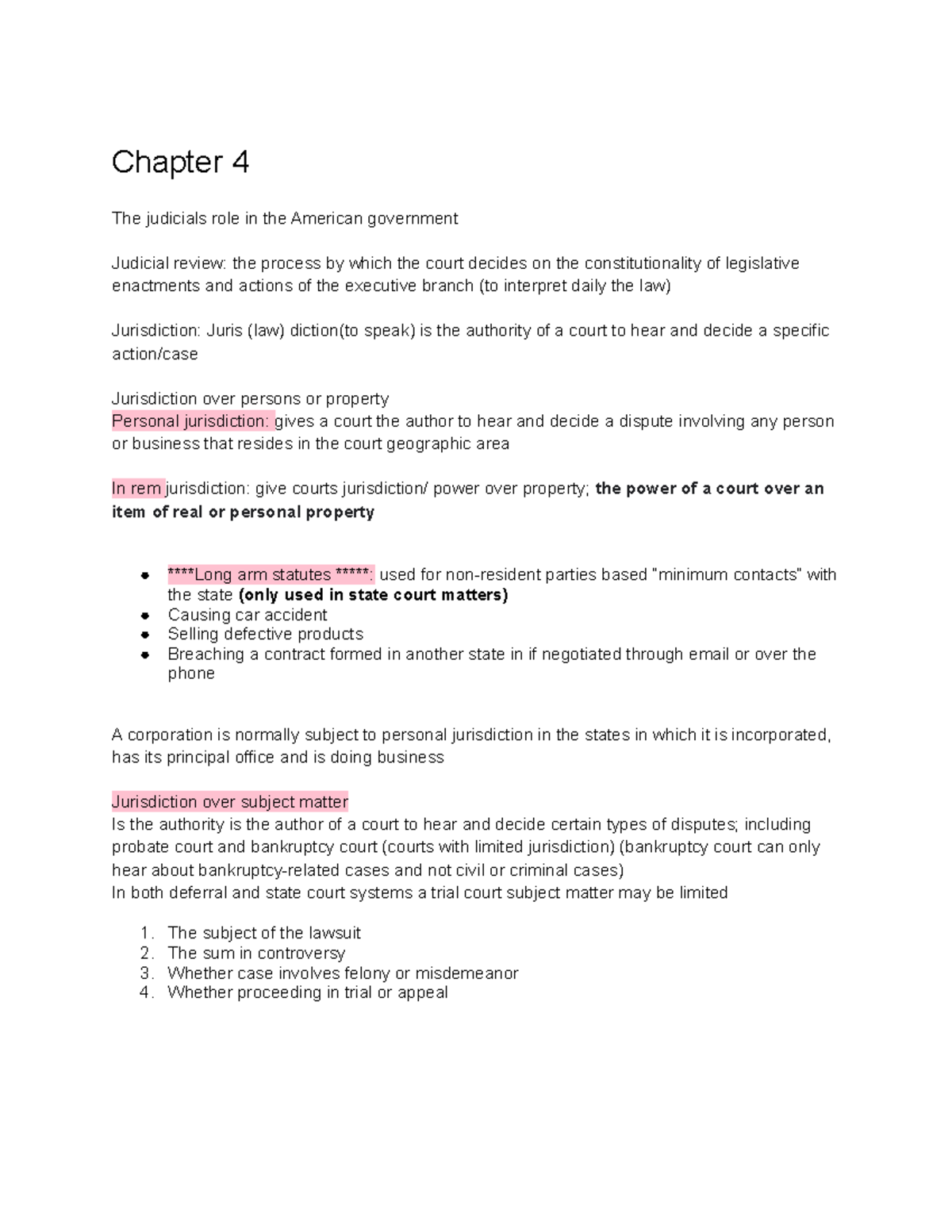 LAW Chapter 4 Notes - Chapter 4 The Judicials Role In The American ...