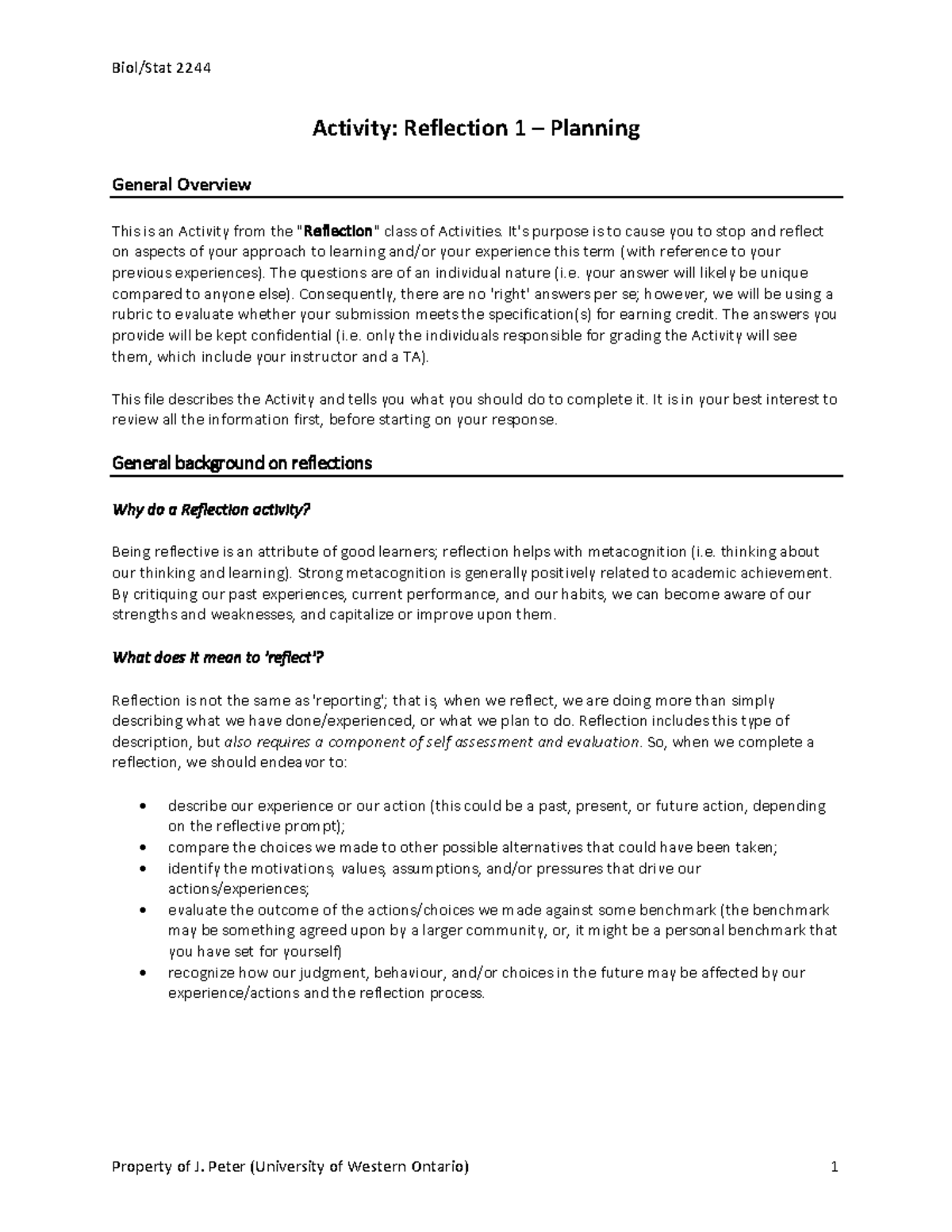 Activity - Reflection 1 - Planning - Biol/Stat 2244 Property of J ...