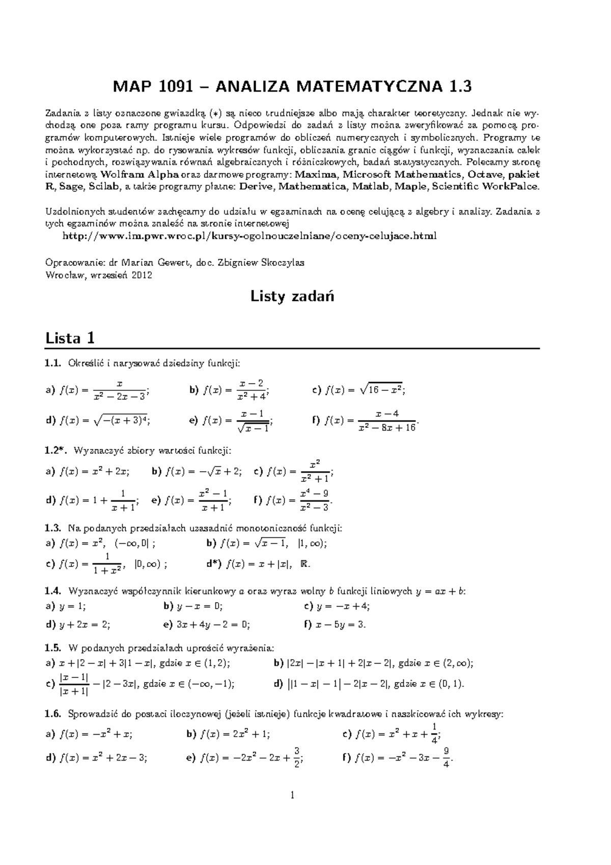 Analiza Lista Zadań - MAP 1091 ANALIZA MATEMATYCZNA 1 Zadania Z Listy ...