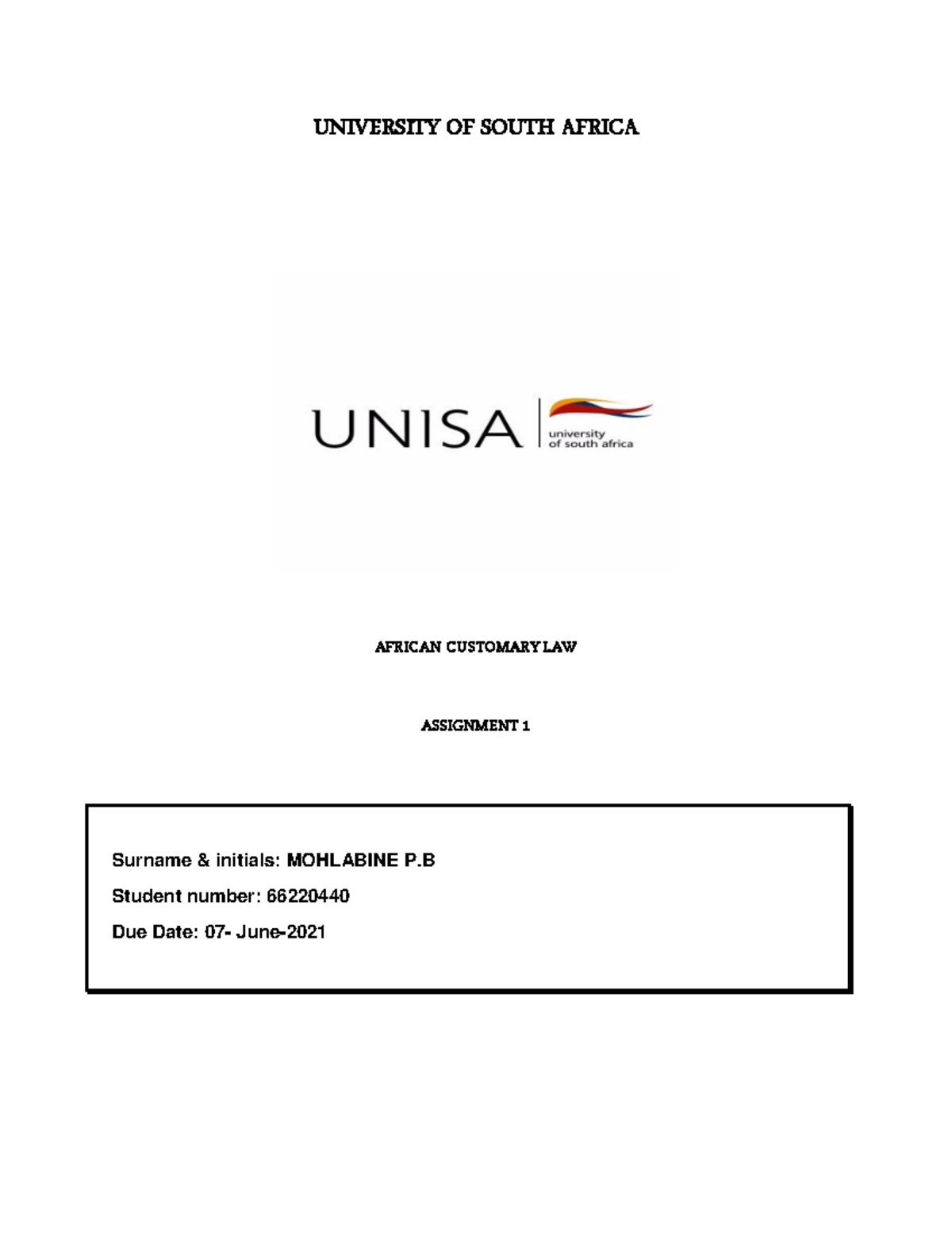 Assignment 1 IND2601 - UNIVERSITY OF SOUTH AFRICA AFRICAN CUSTOMARY LAW ...