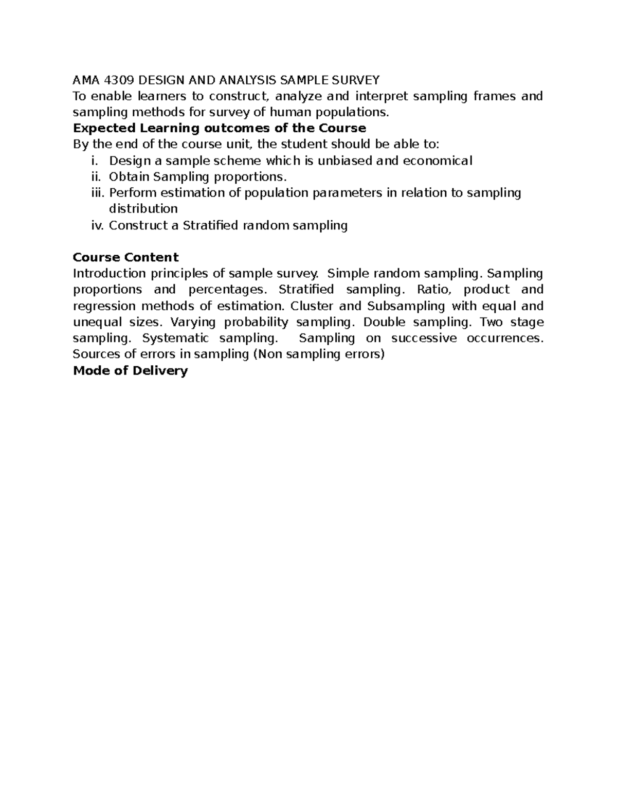AMA 4309 Design AND Analysis Sample Survey course outline - AMA 4309 ...