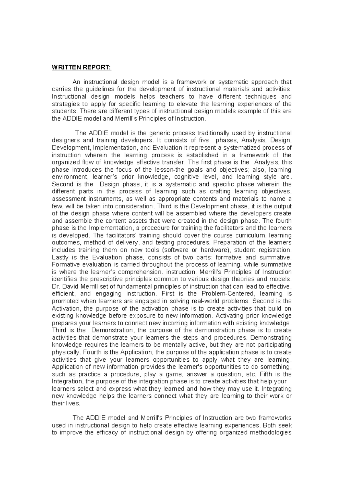 Instructional Model - WRITTEN REPORT: An instructional design model is ...